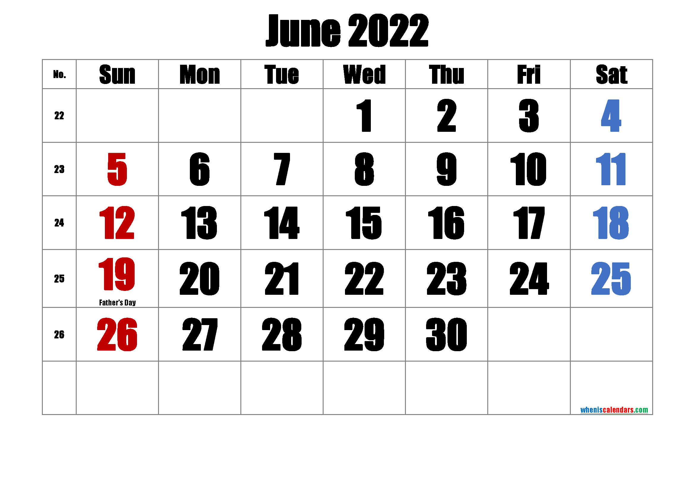 Printable JUNE 2022 Calendar with Holidays