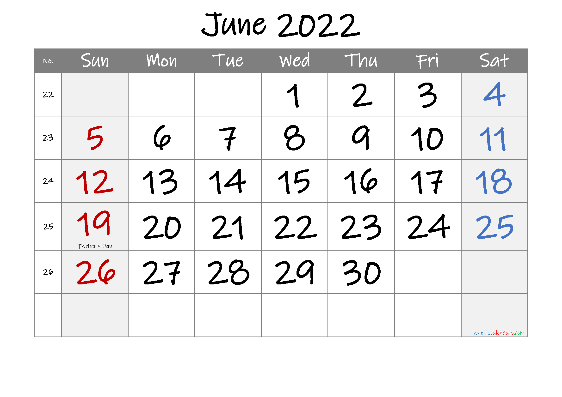 June 2022 Free Printable Calendar With HolidaysTemplate No.if22m18