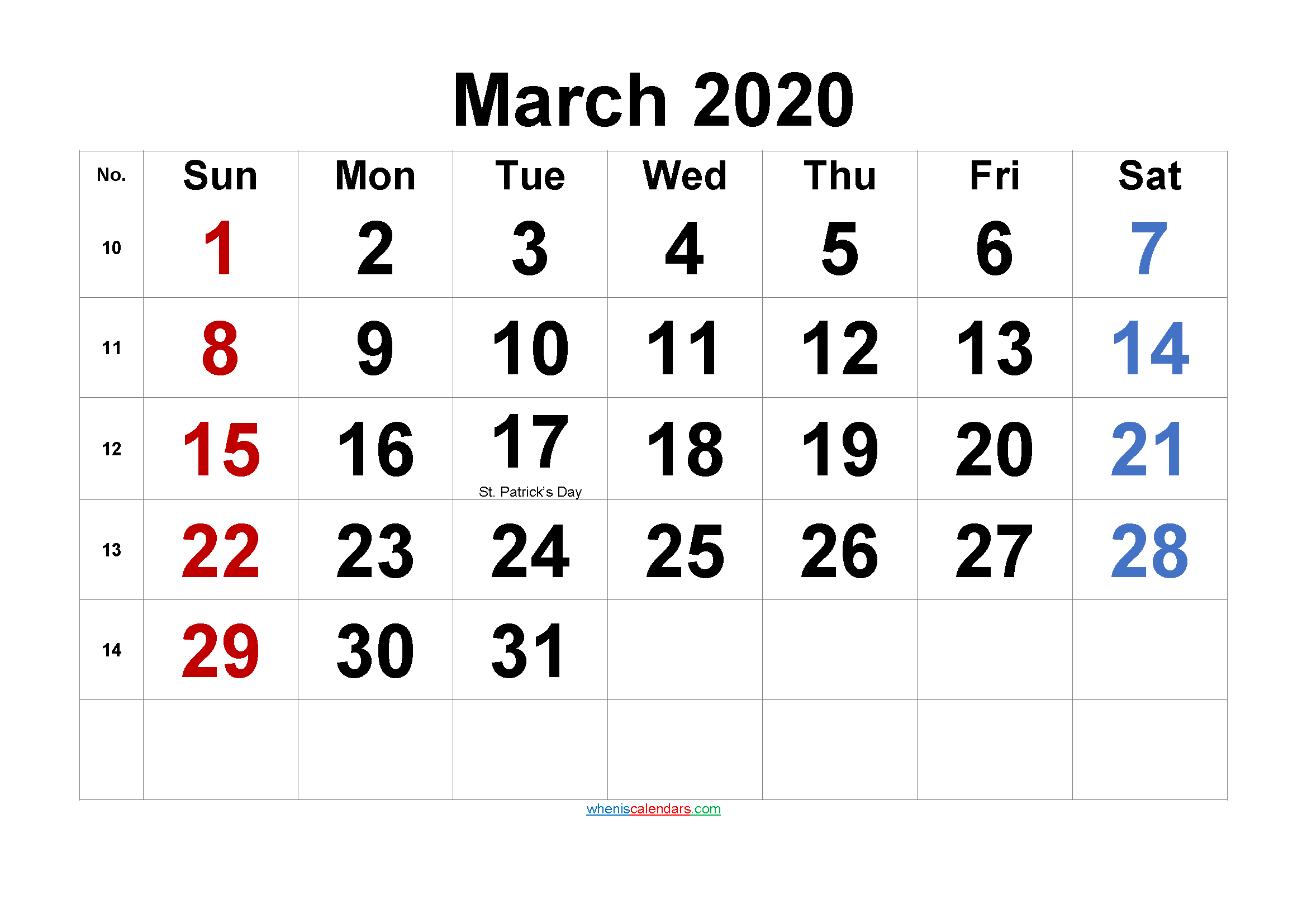 Free Printable MARCH 2020 Calendar with Holidays