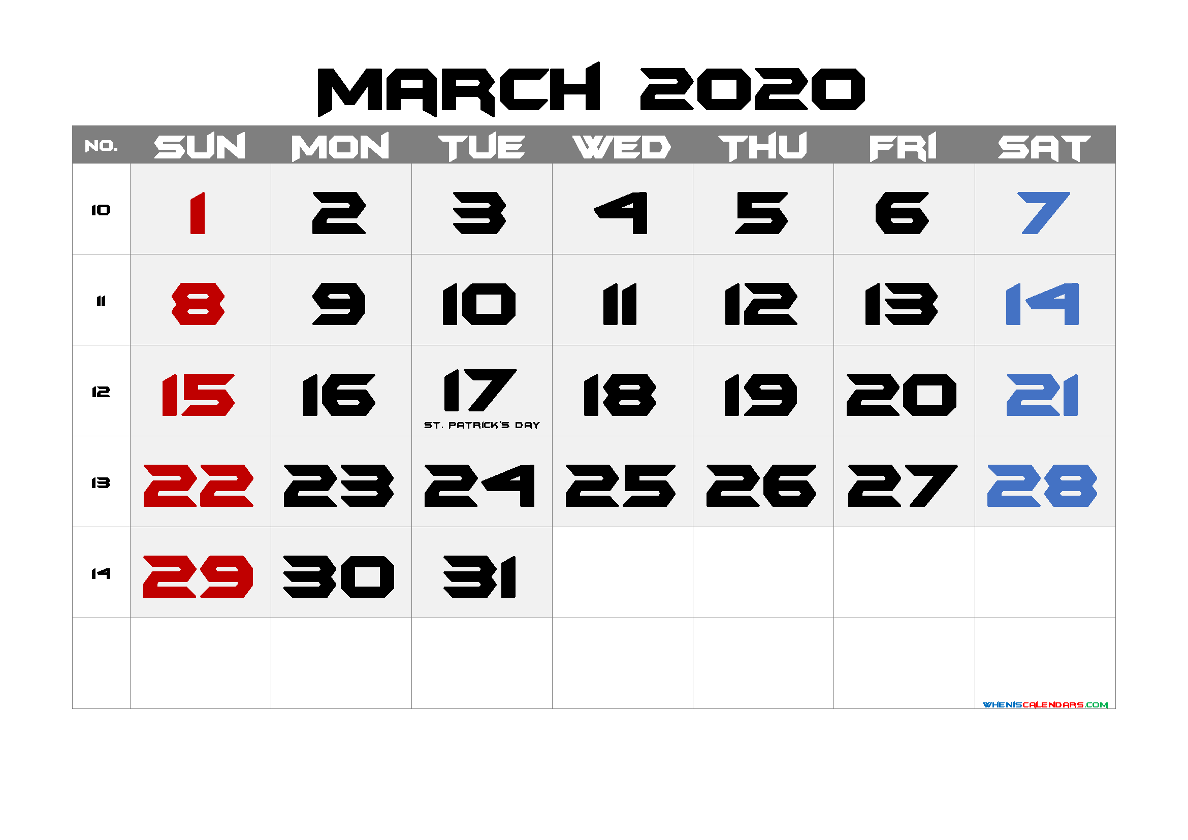 Printable MARCH 2020 Calendar with Holidays