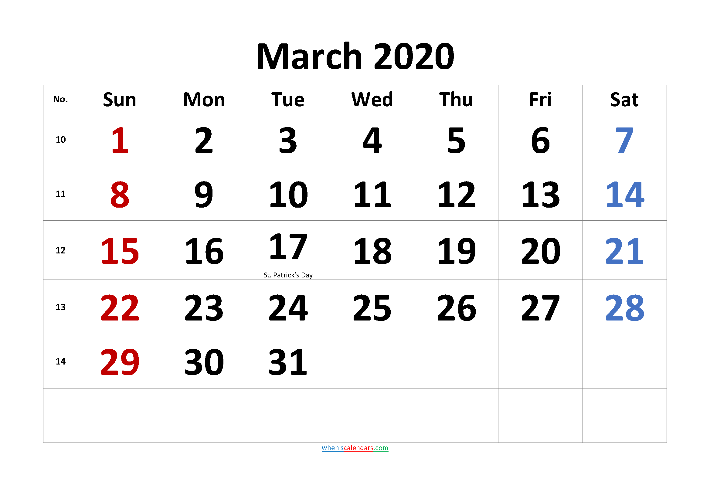 Printable March 2020 Calendar with Holidays