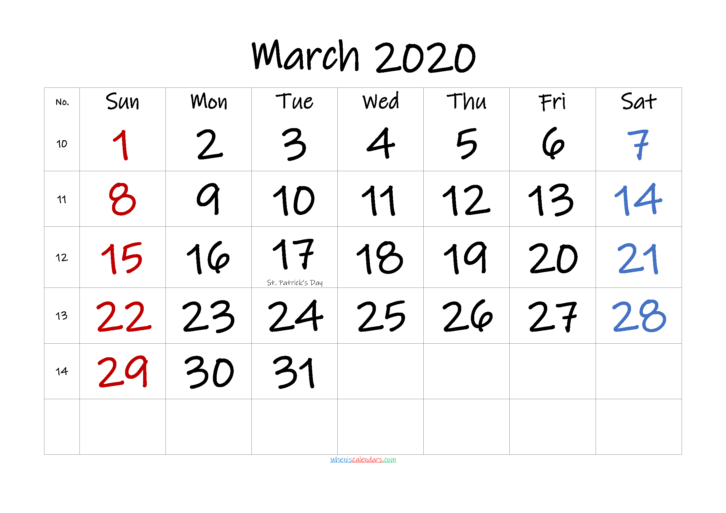 Free March 2020 Monthly Calendar Template Word 