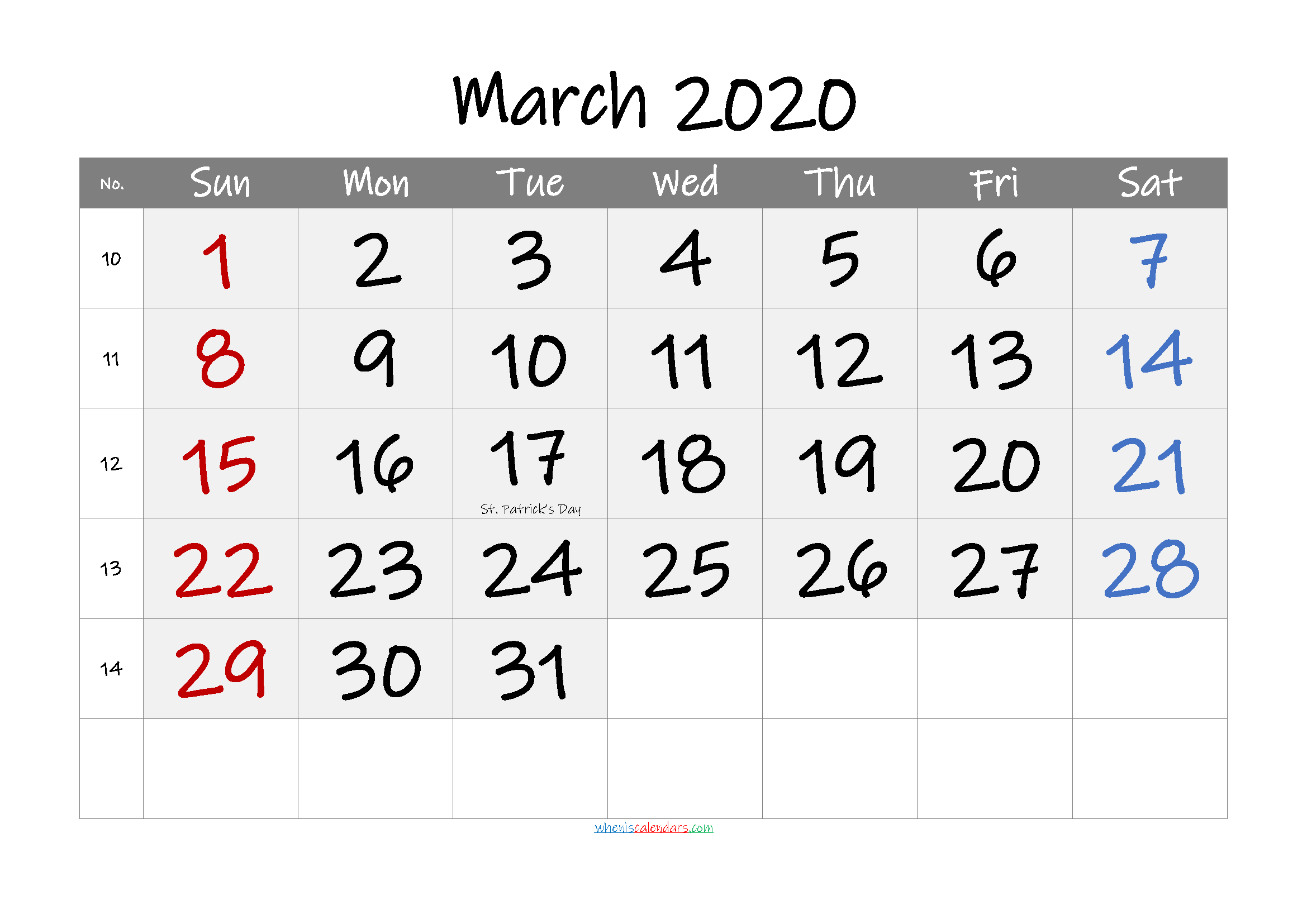 Printable MARCH 2020 Calendar with Holidays