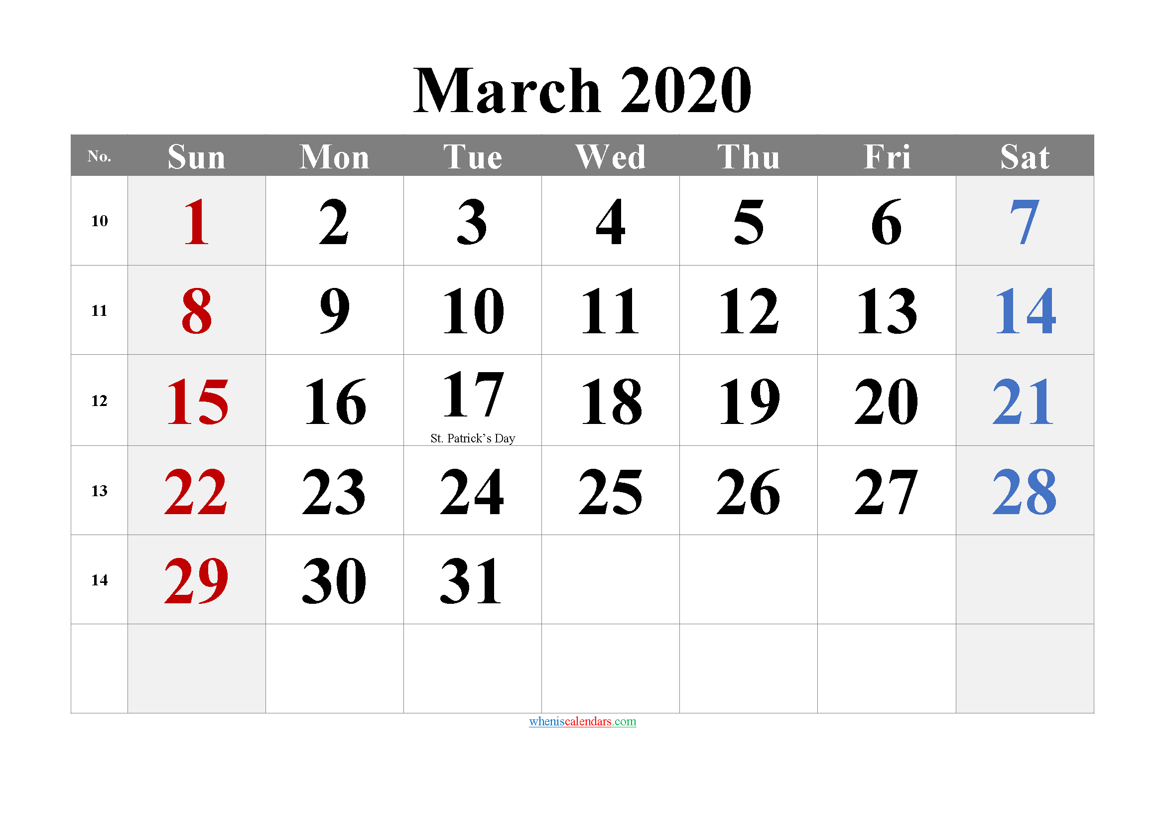 MARCH 2020 Printable Calendar with Holidays