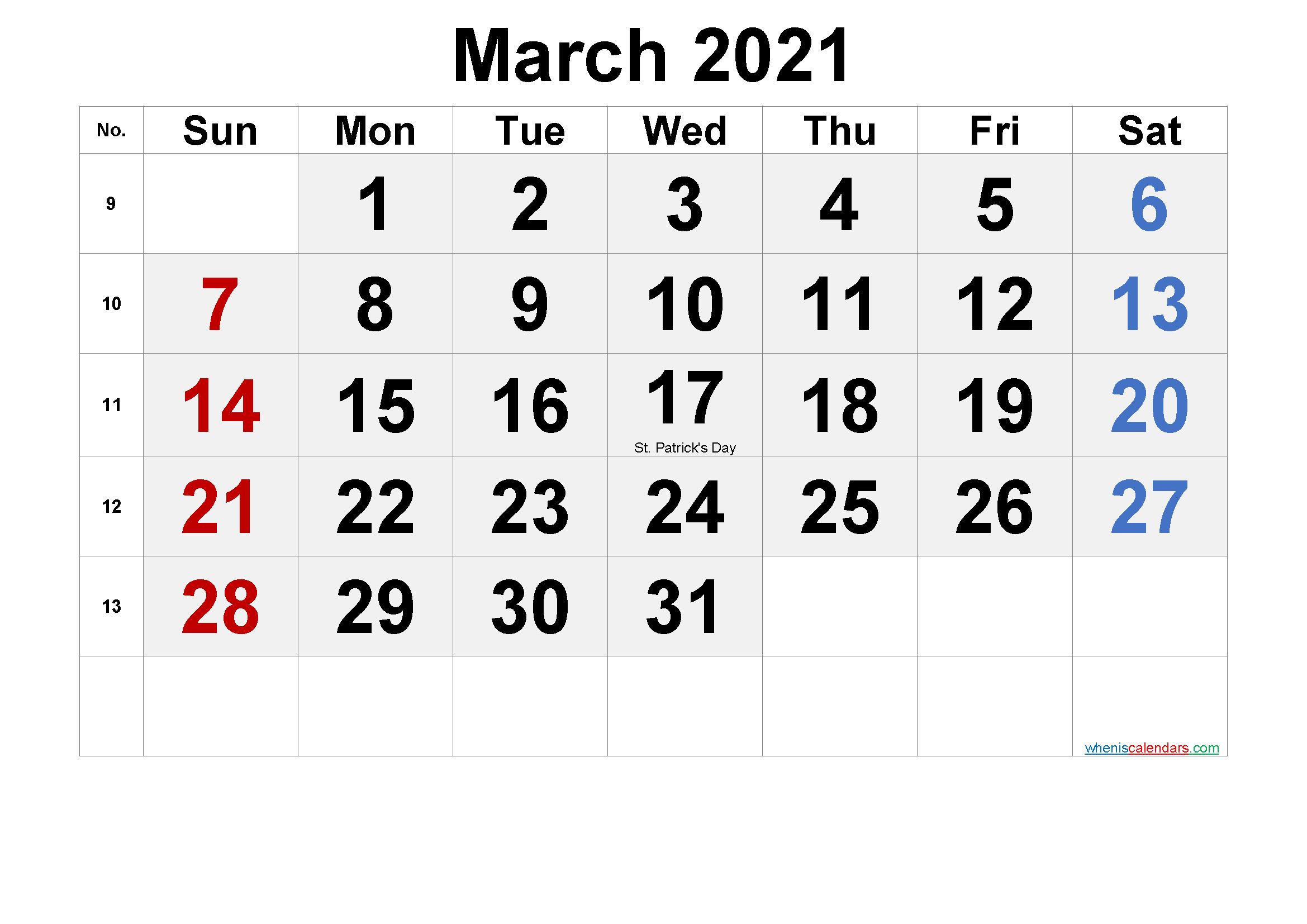 March 2021 Calendar with Holidays Printable-Template No ...