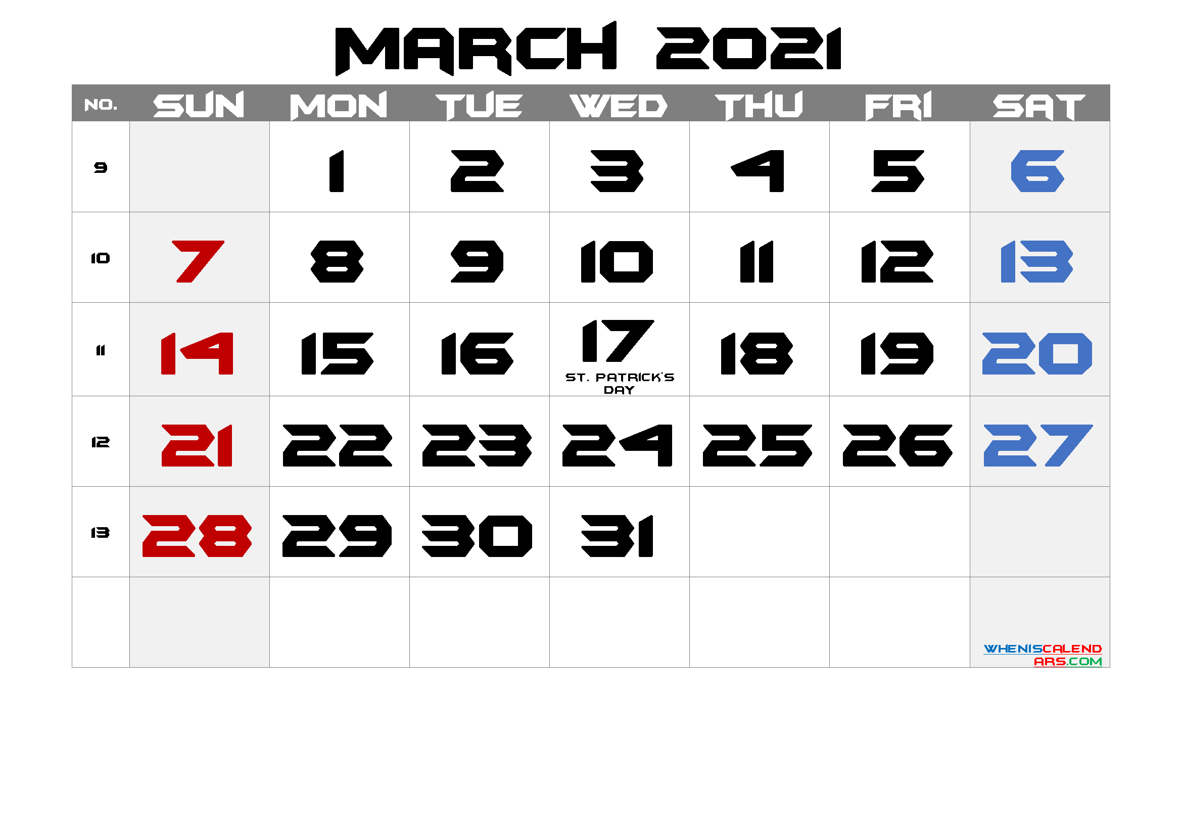 Printable March 2021 Calendar with Holidays