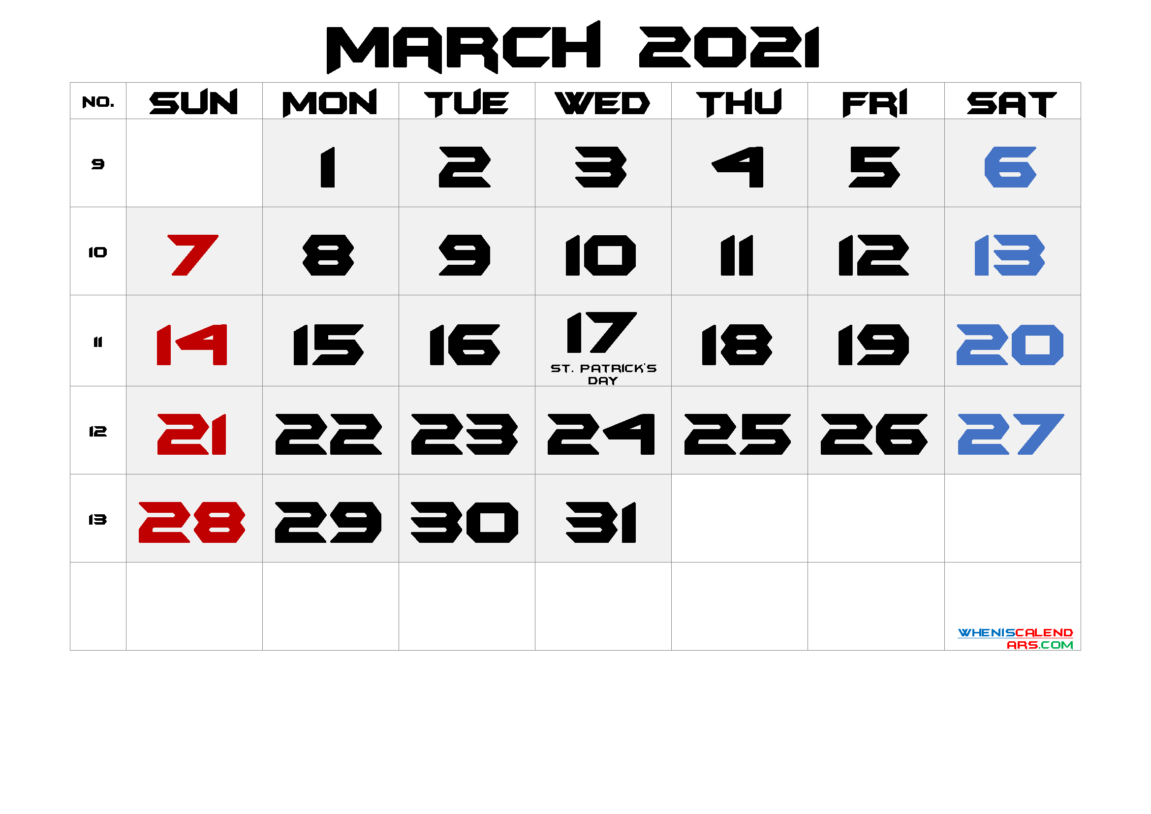 Free Printable MARCH 2021 Calendar with Holidays