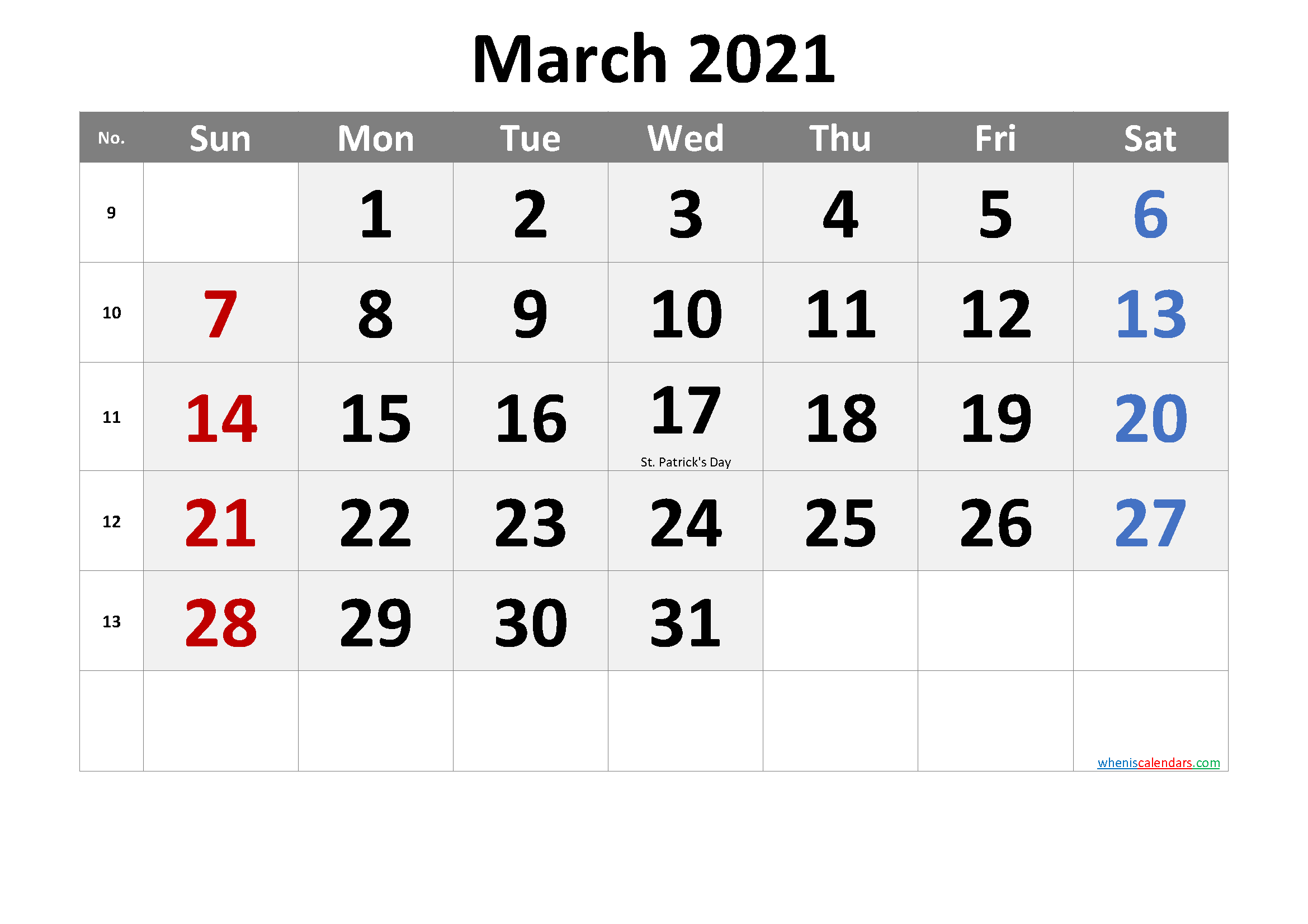 MARCH 2021 Printable Calendar with Holidays