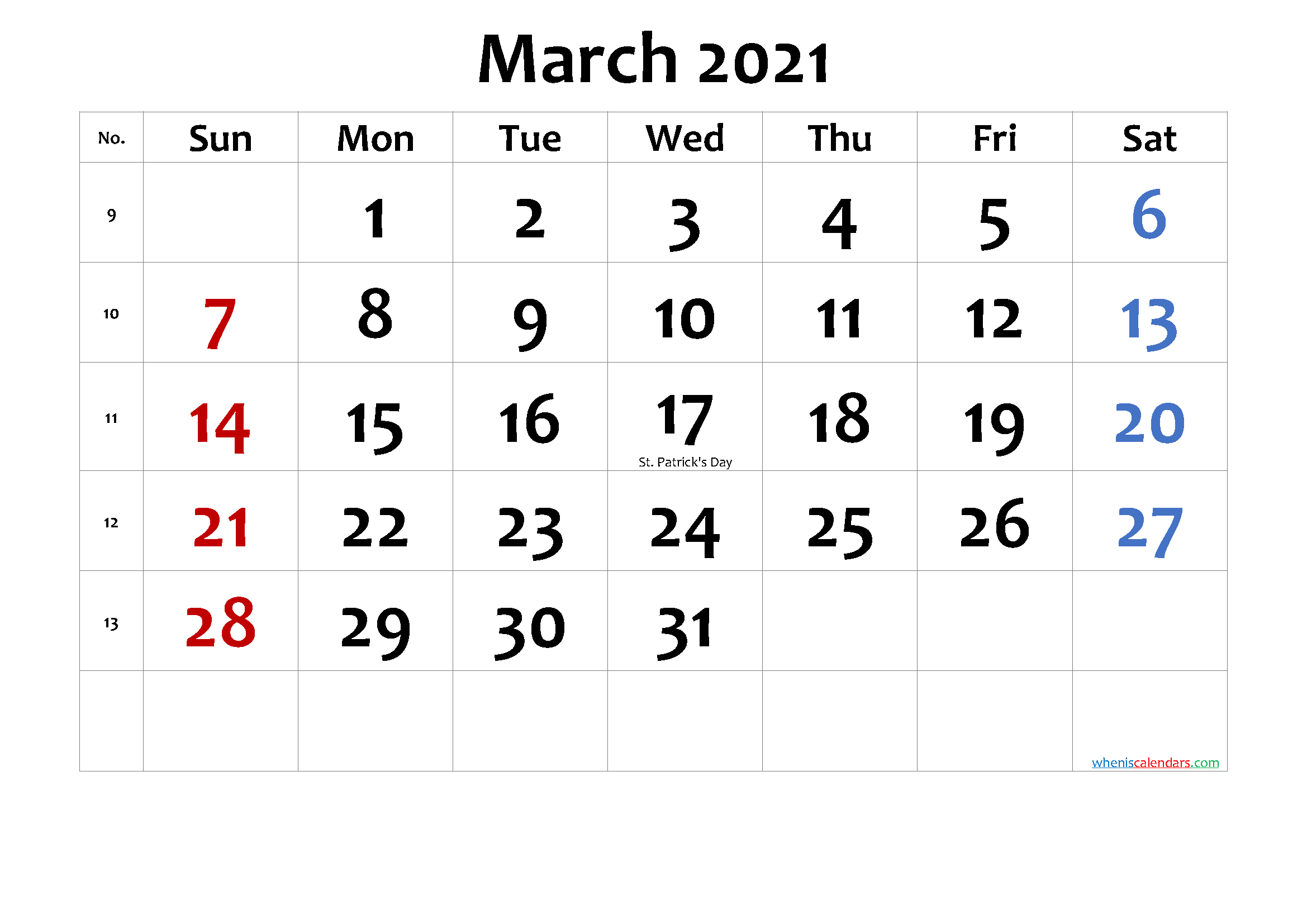 Printable March 2021 Calendar With Holidays Free Letter Templates ...