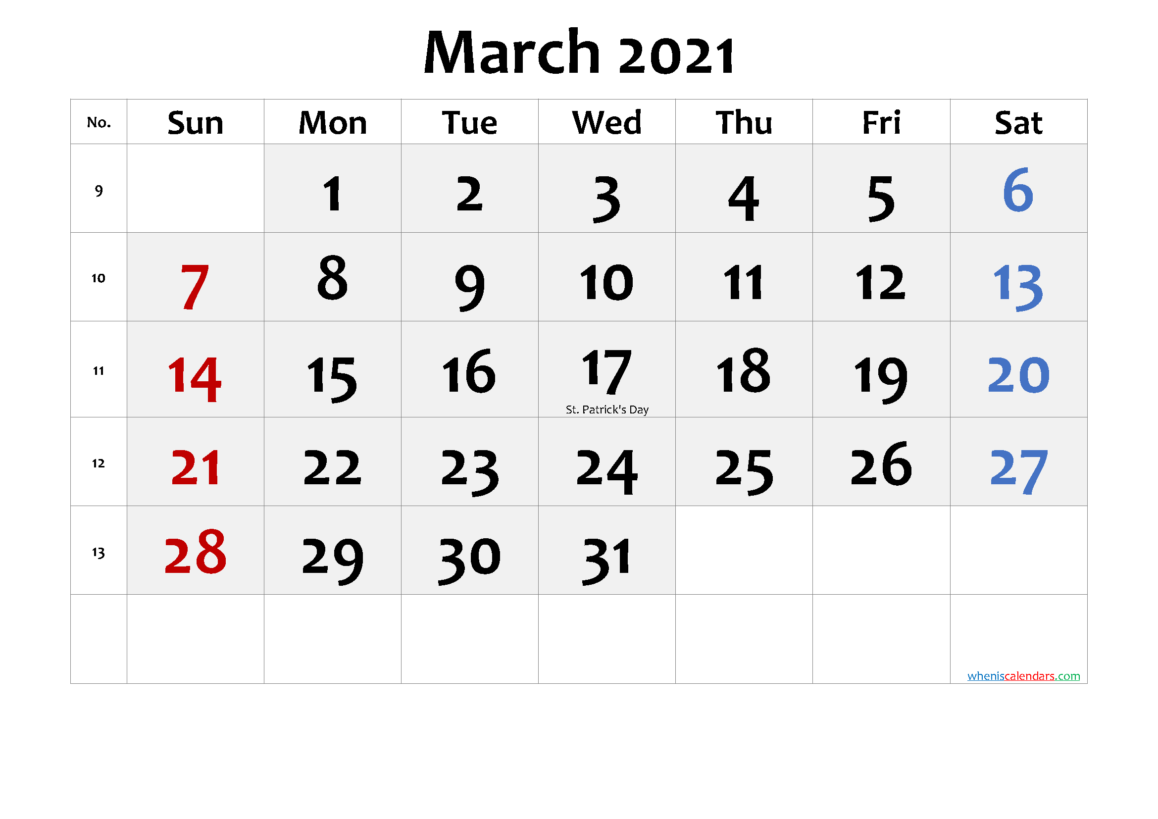 Free Printable March 2021 Calendar with Holidays