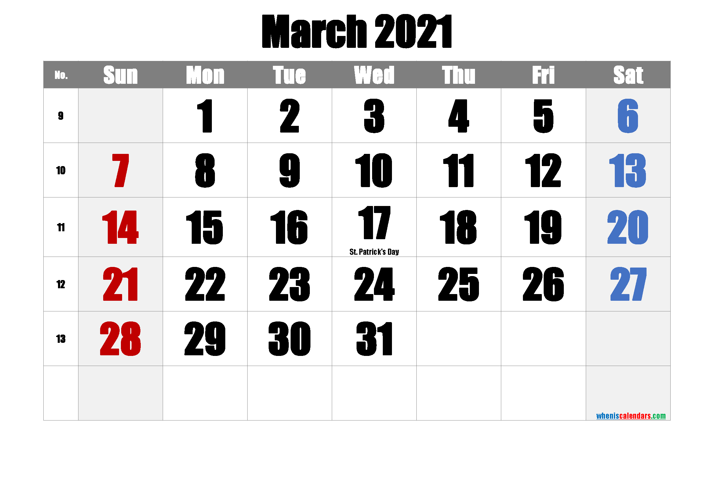 March 2021 Printable Calendar with Holidays