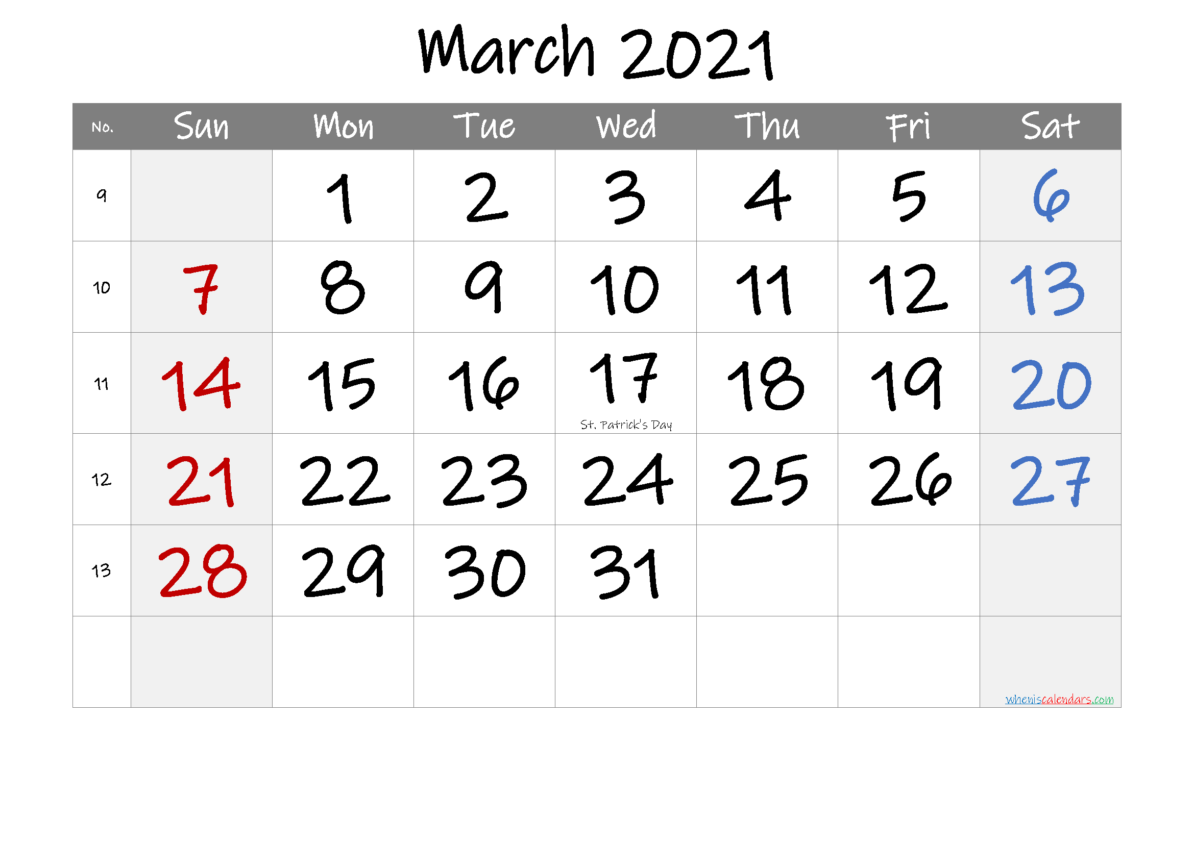 Printable MARCH 2021 Calendar with Holidays