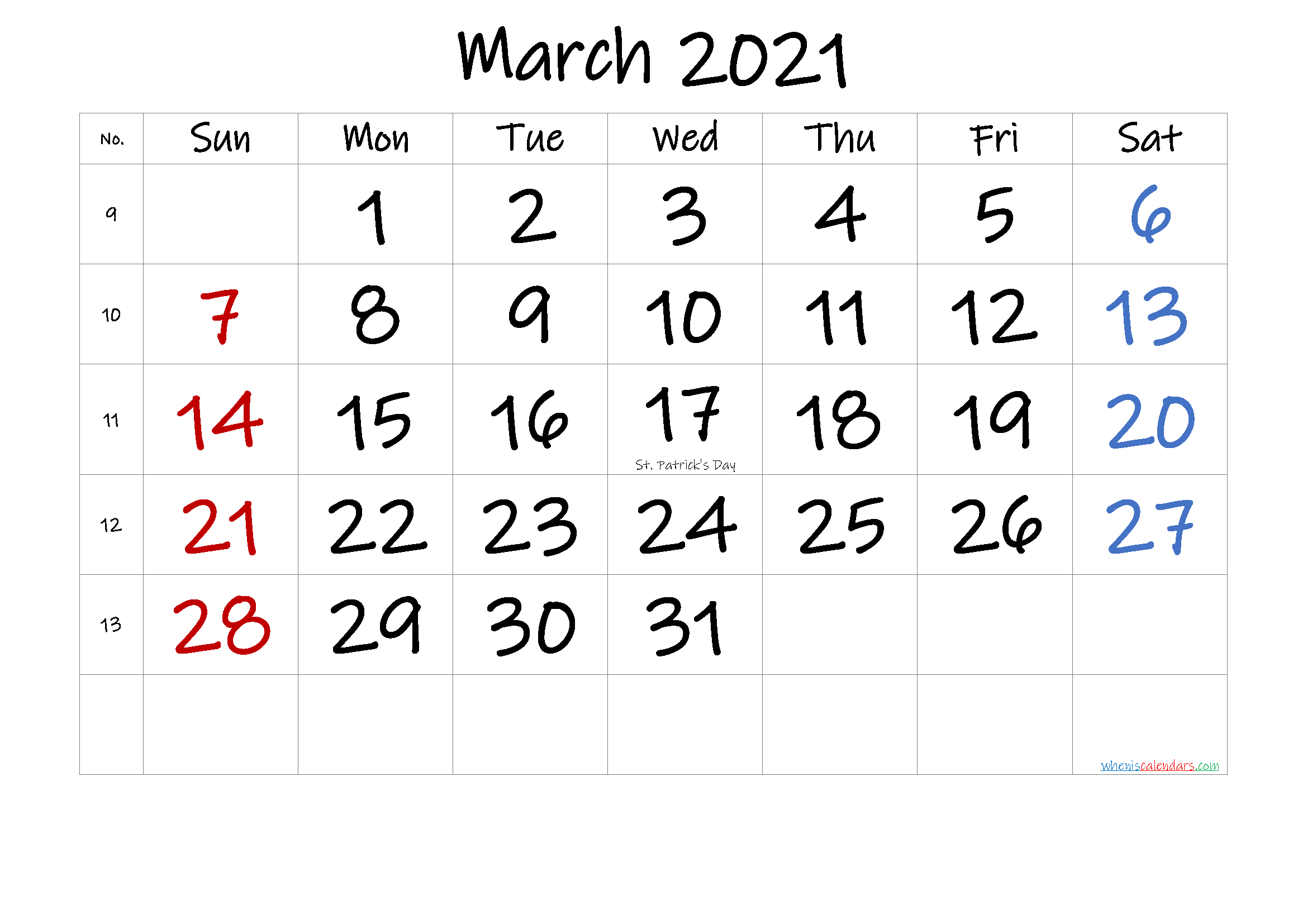 MARCH 2021 Printable Calendar with Holidays