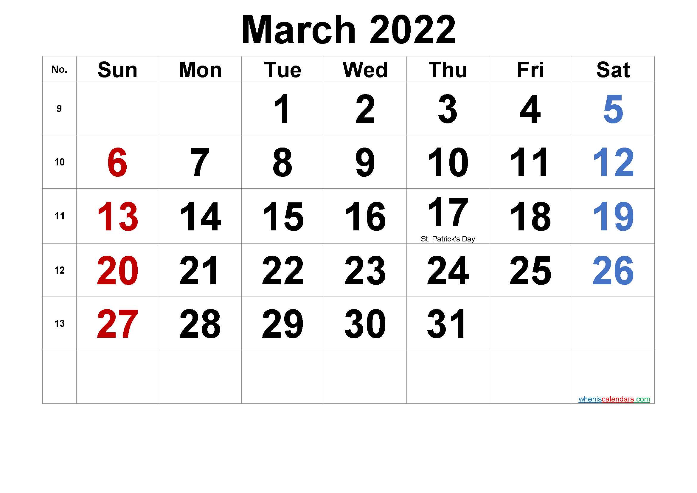 Free Printable March 2022 Calendar with Holidays
