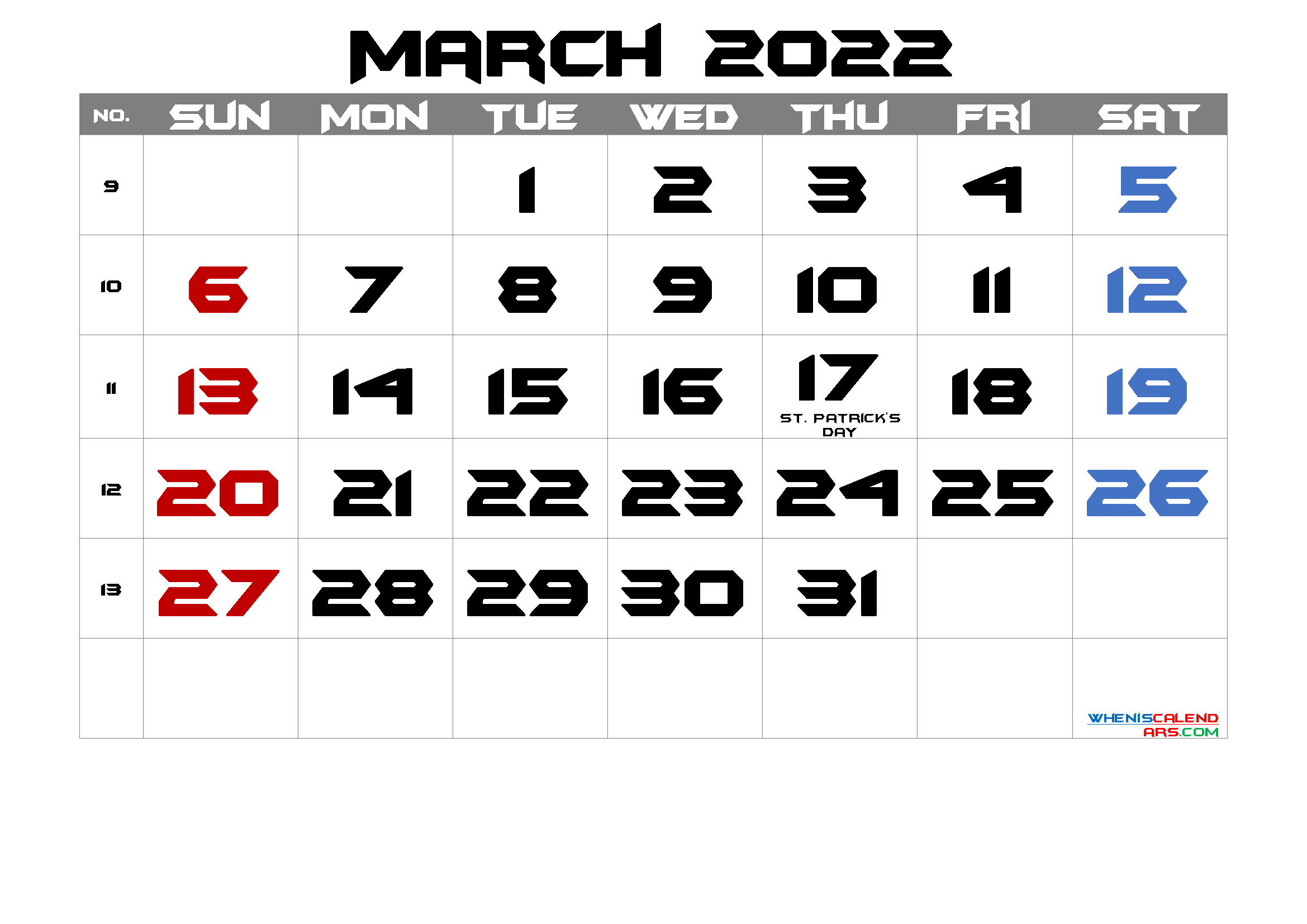 Free Printable March 2022 Calendar with Holidays