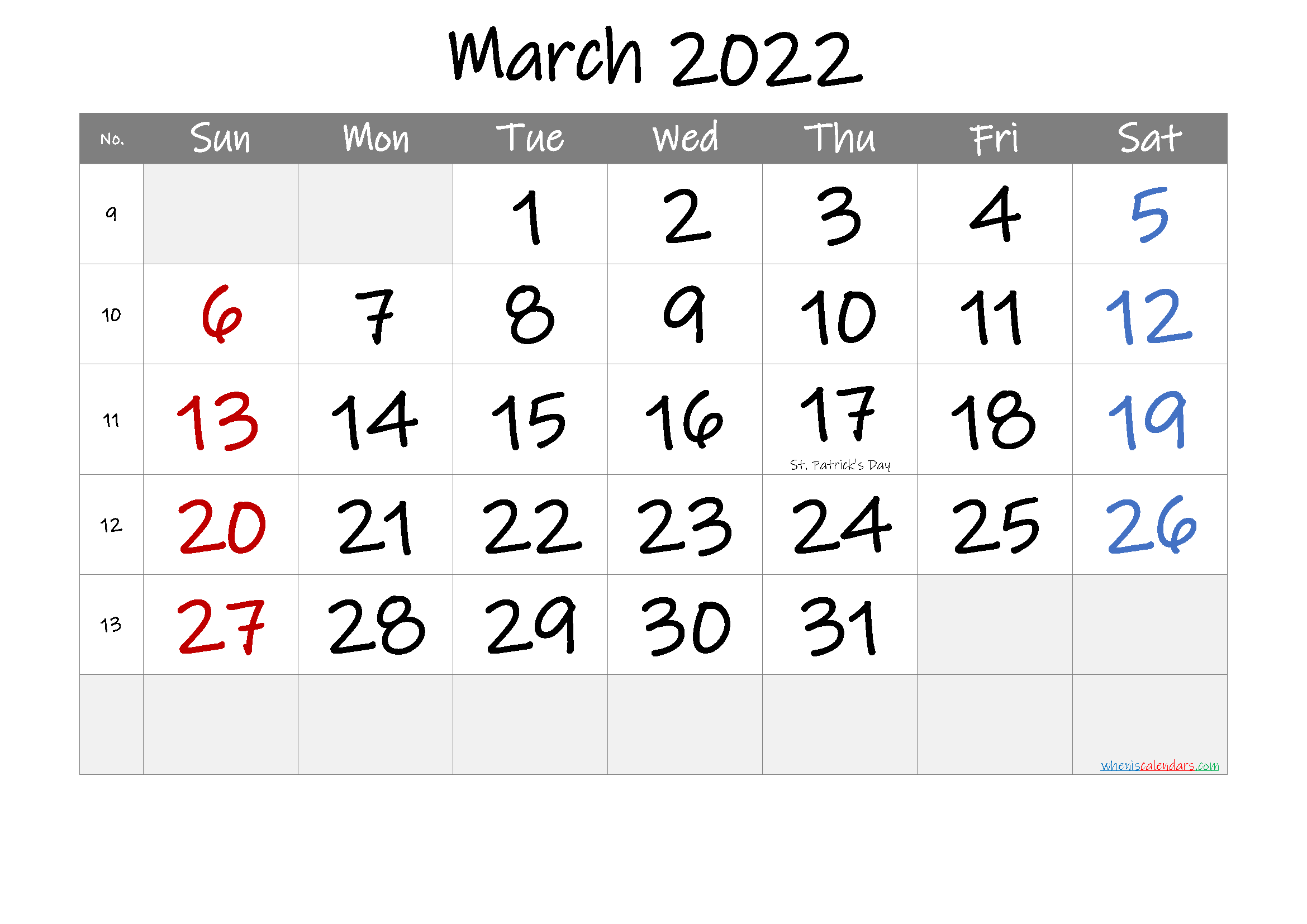 Free Printable March 2022 Calendar