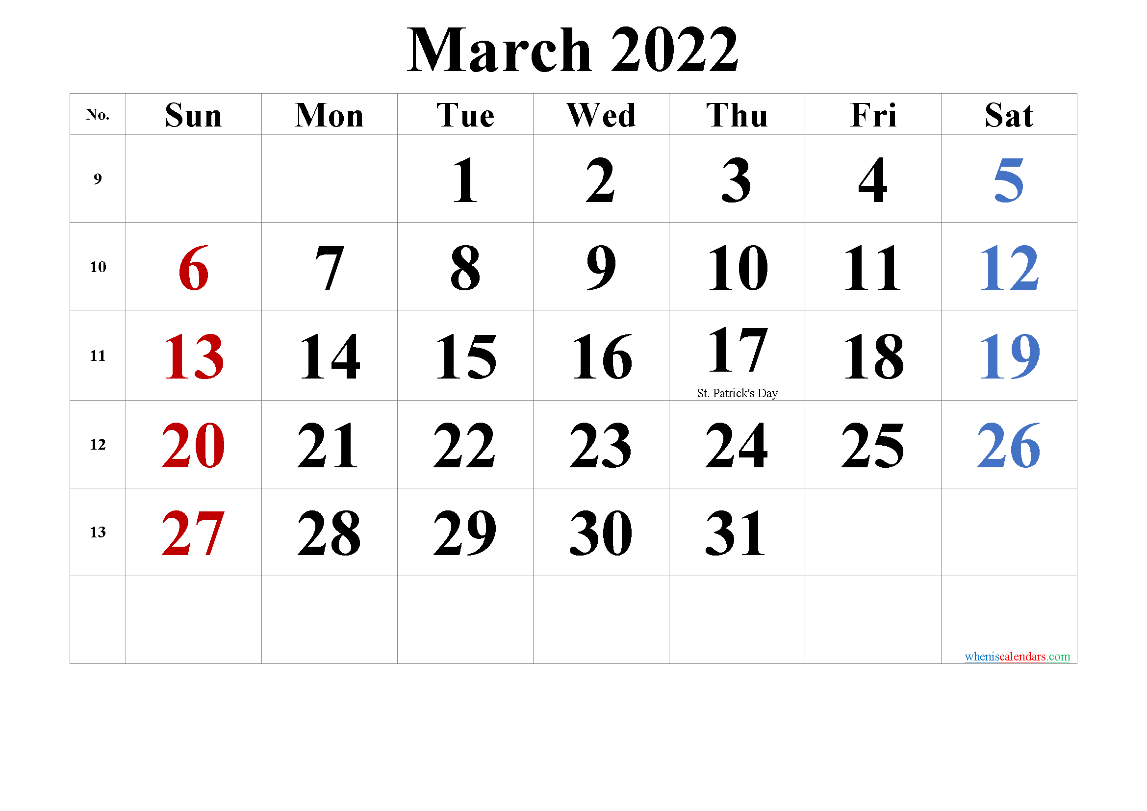 Editable March 2022 Calendar