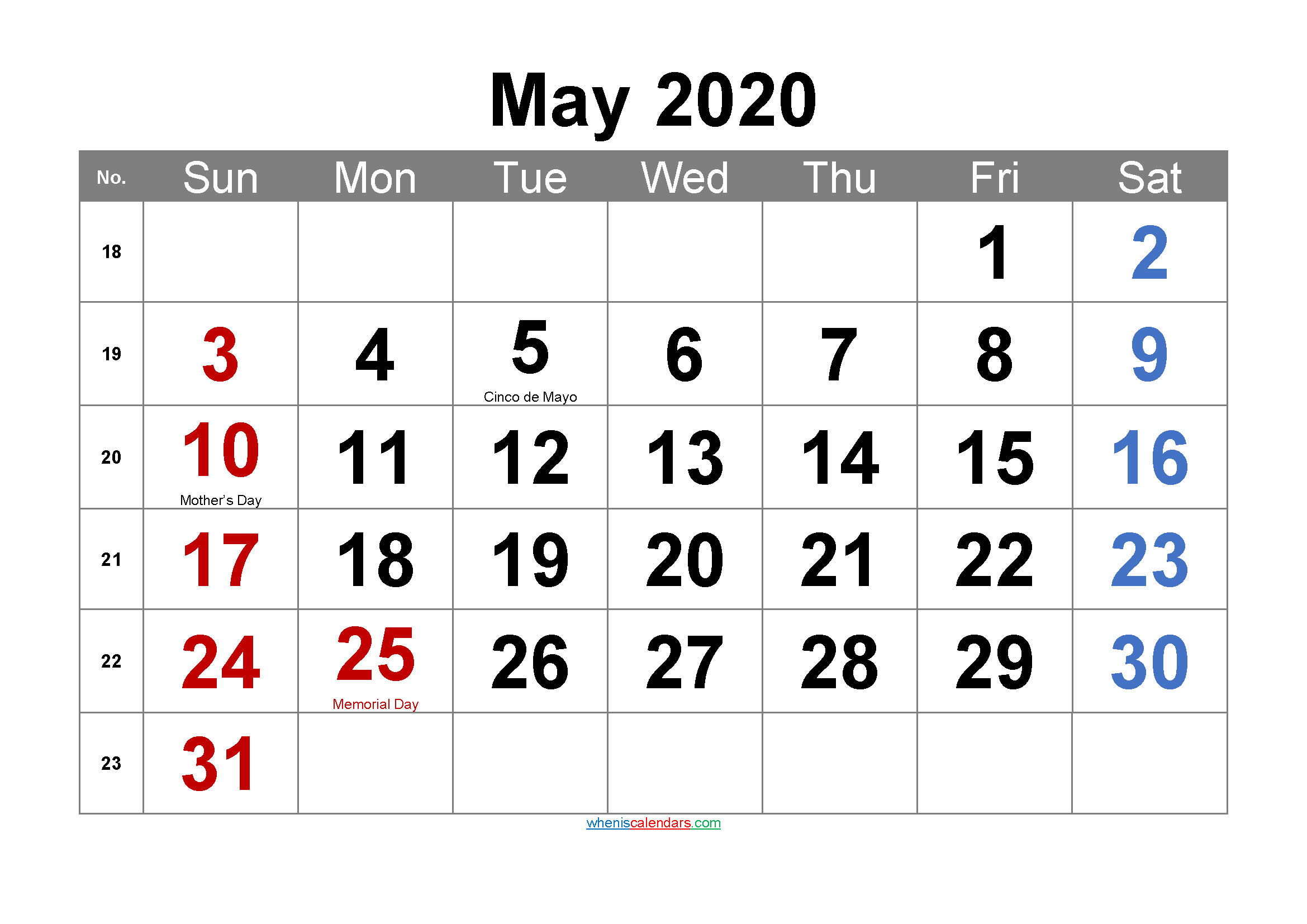 Printable MAY 2020 Calendar with Holidays
