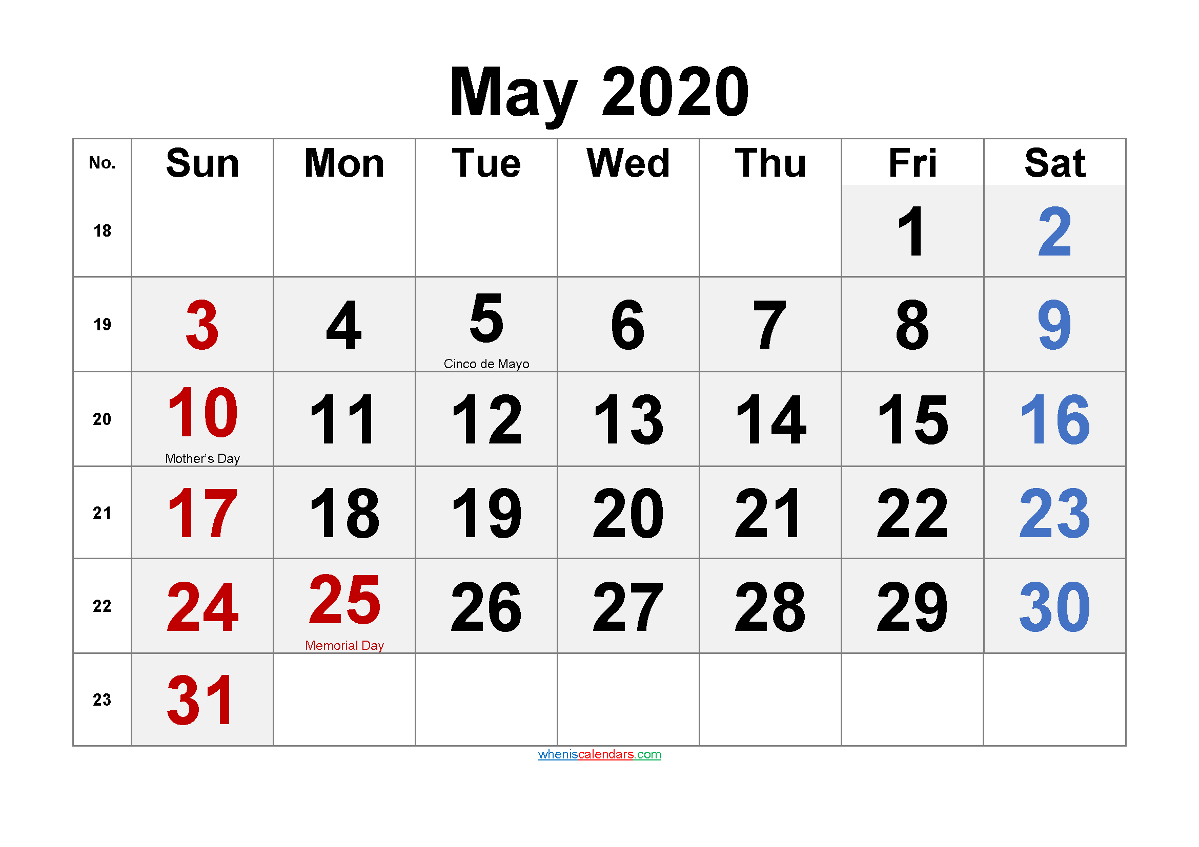 Printable MAY 2020 Calendar with Holidays