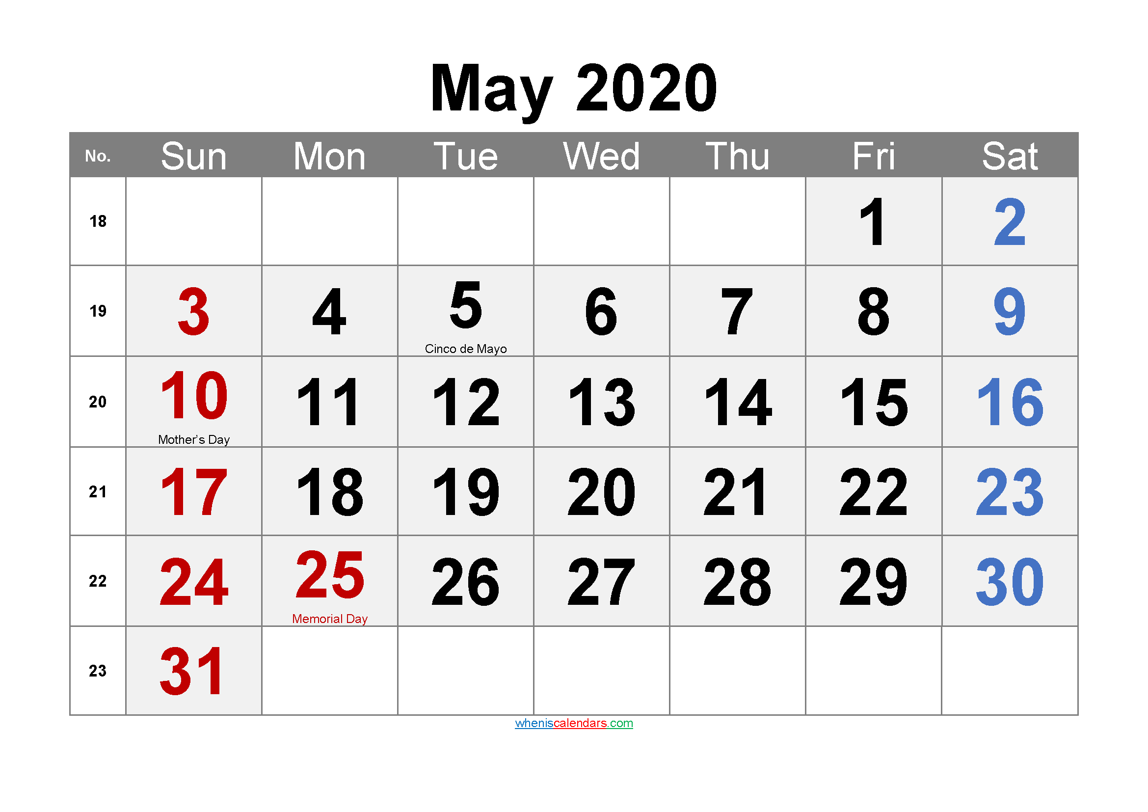 Free MAY 2020 Calendar Printable