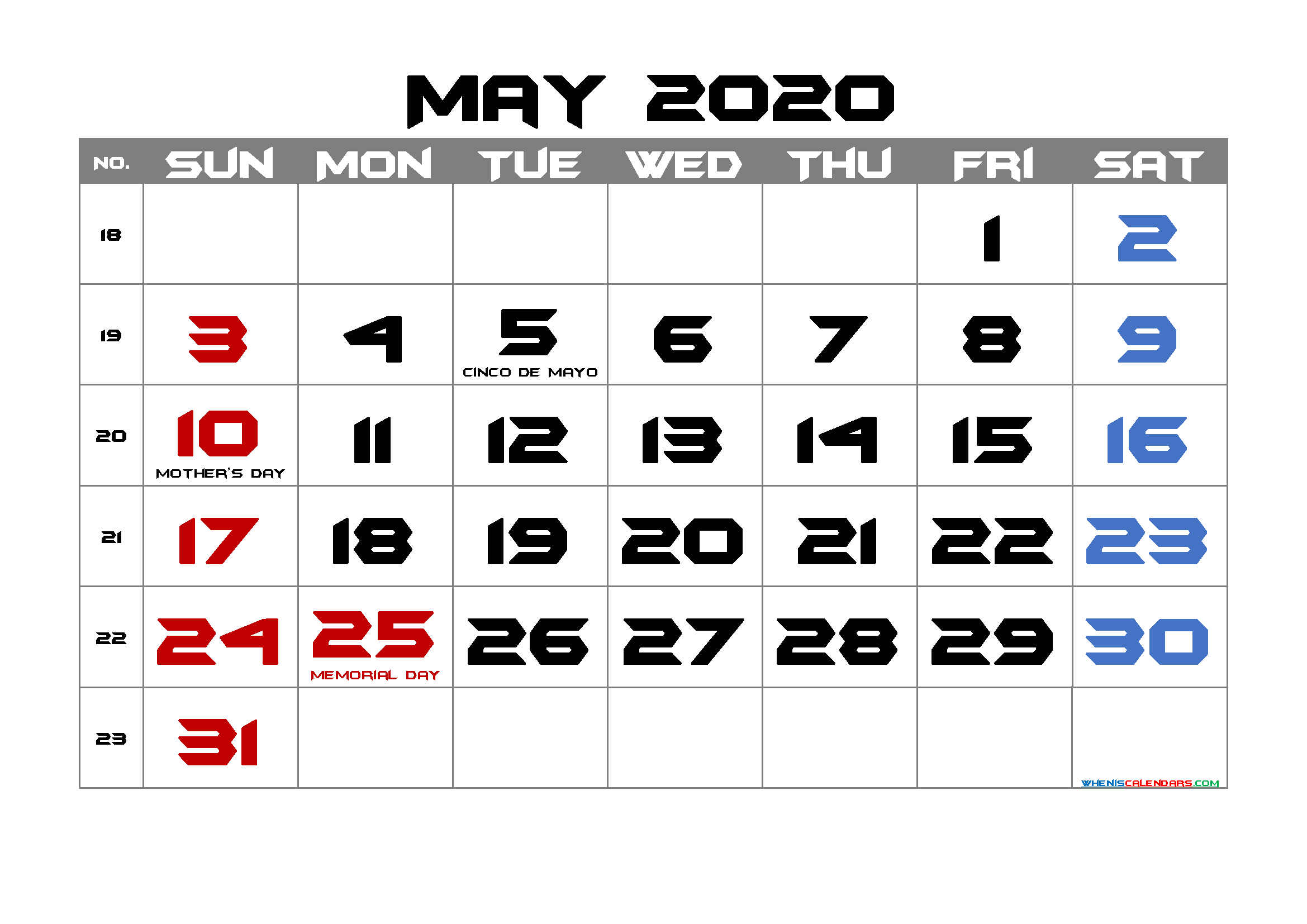 Free Printable MAY 2020 Calendar with Holidays