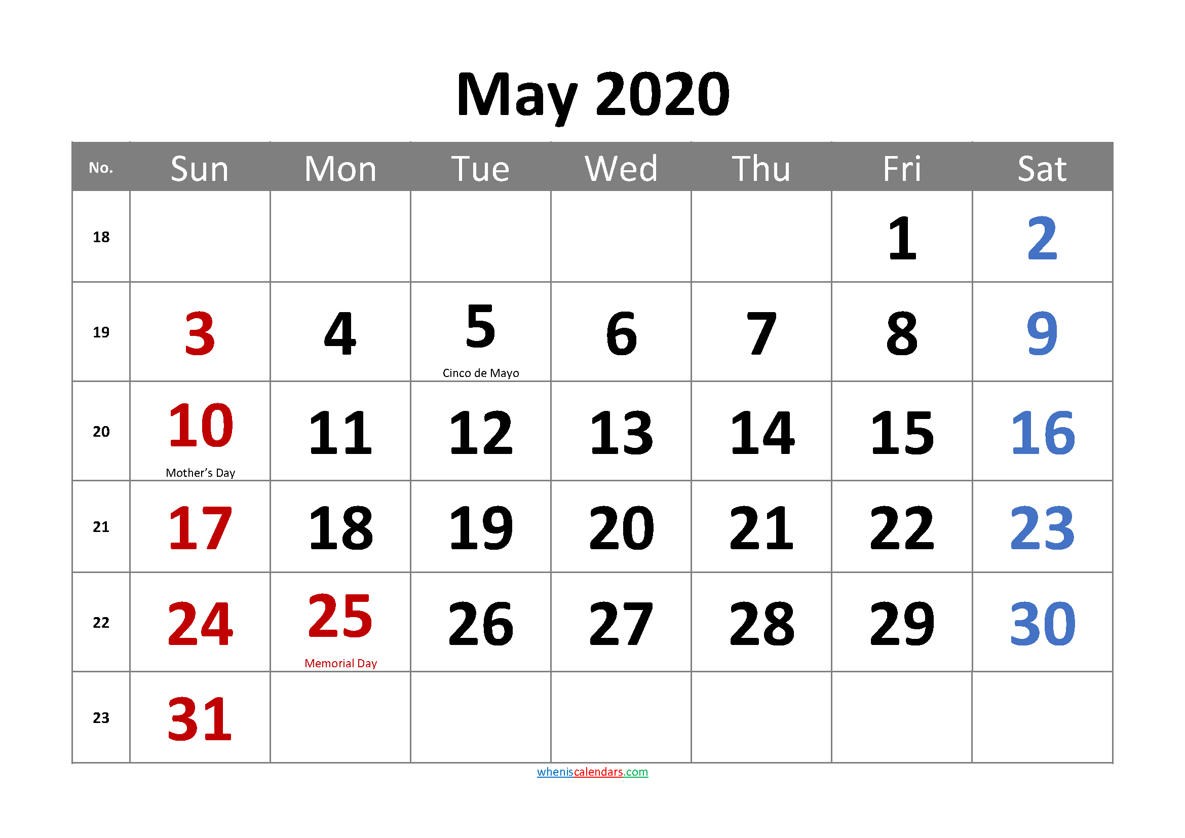 Free MAY 2020 Calendar Printable