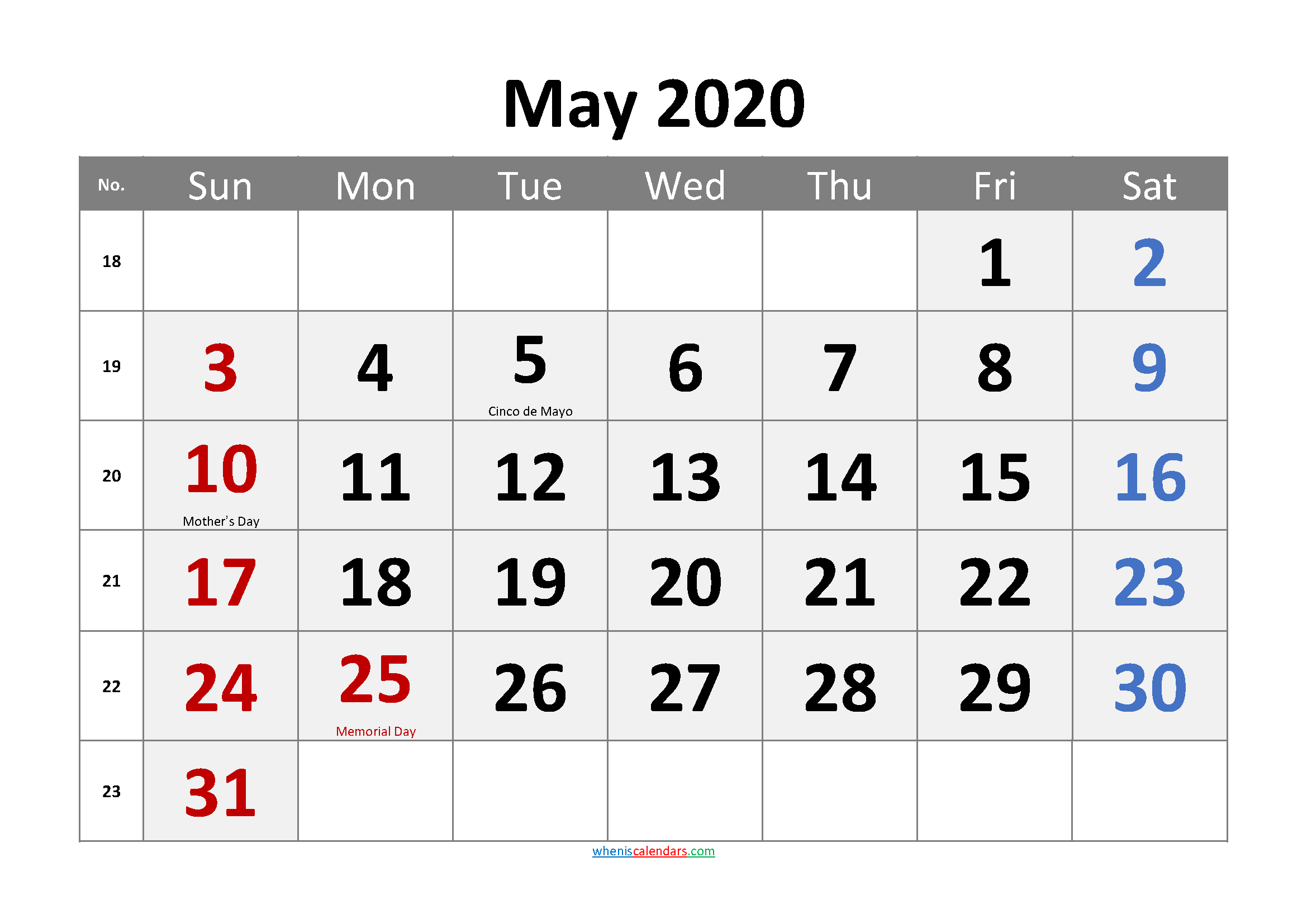 MAY 2020 Printable Calendar with Holidays