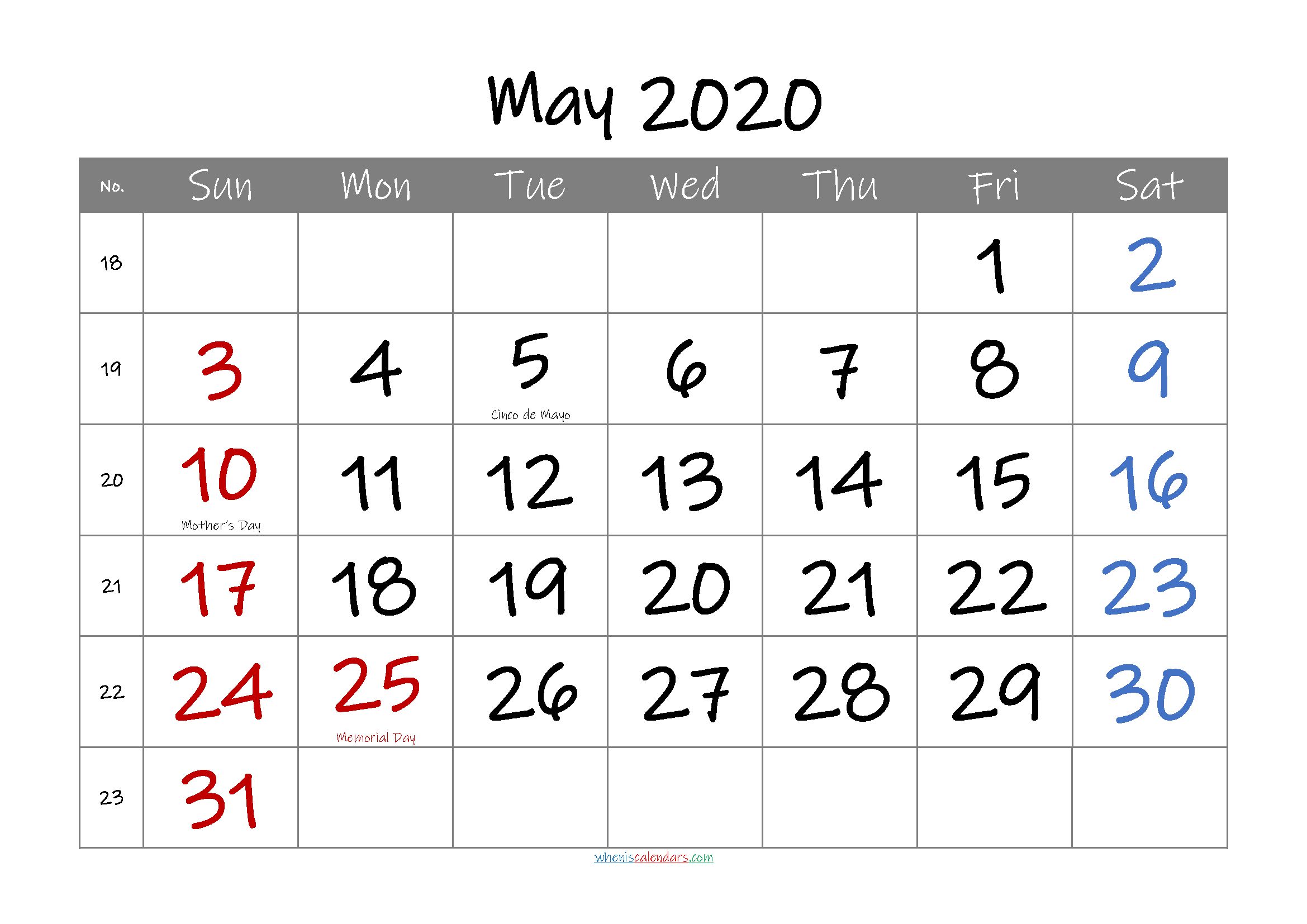 Free May 2020 Printable Calendar with Holidays