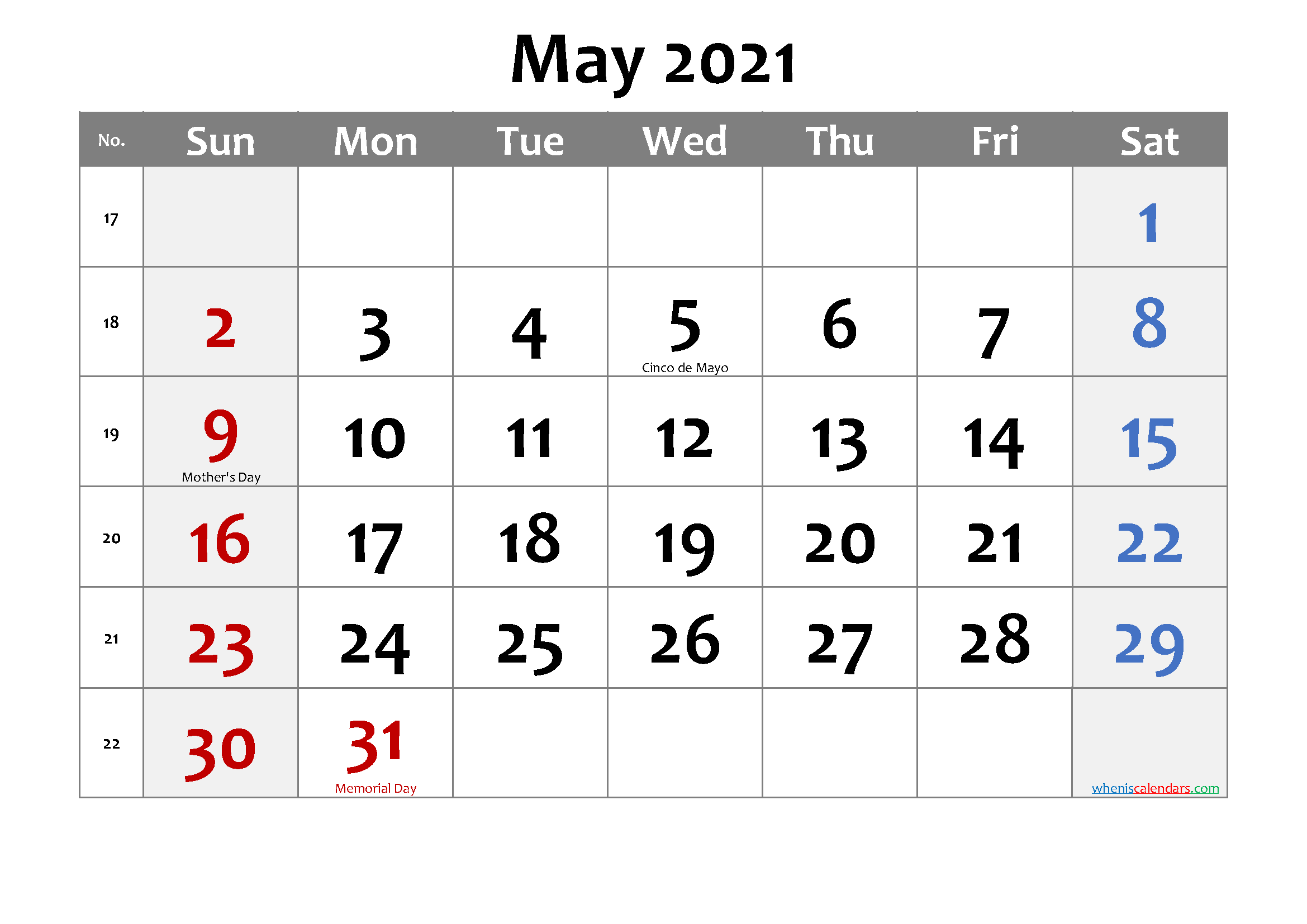 Free Printable May 2021 Calendar with Holidays