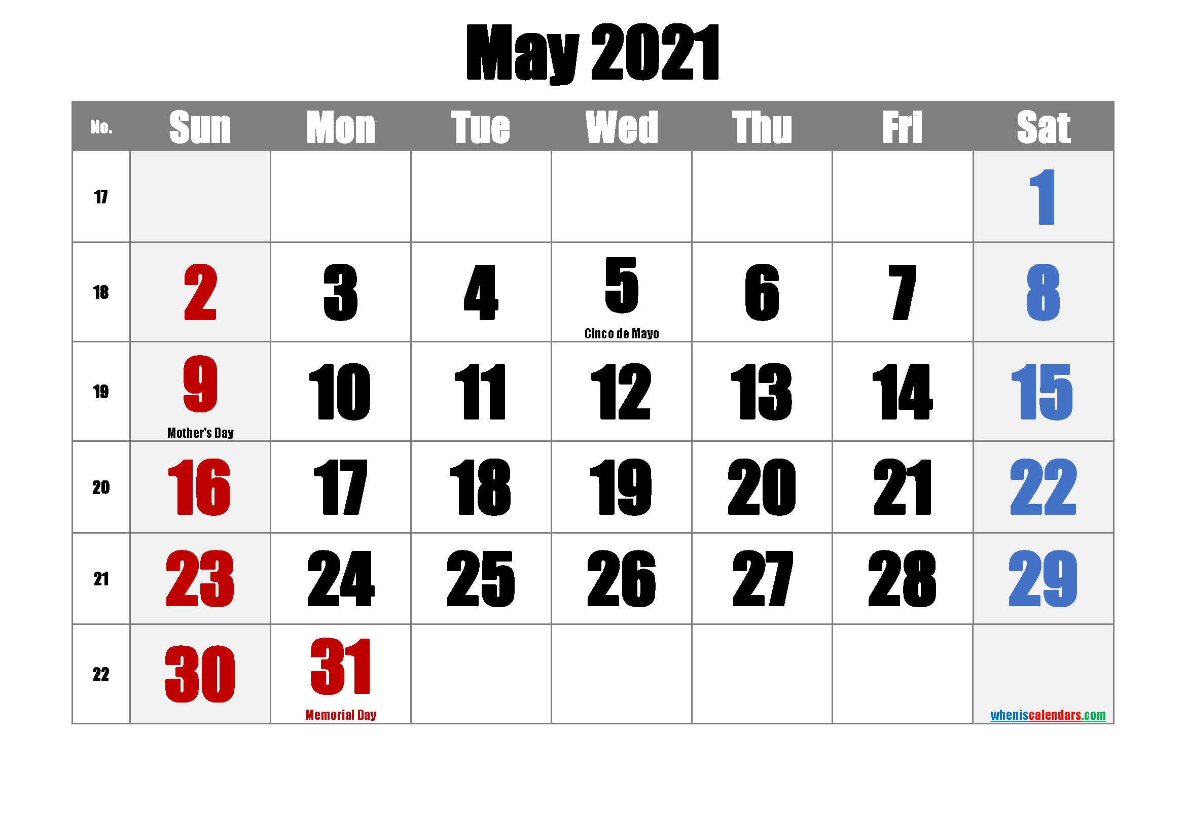 Free Printable May 2021 Calendar