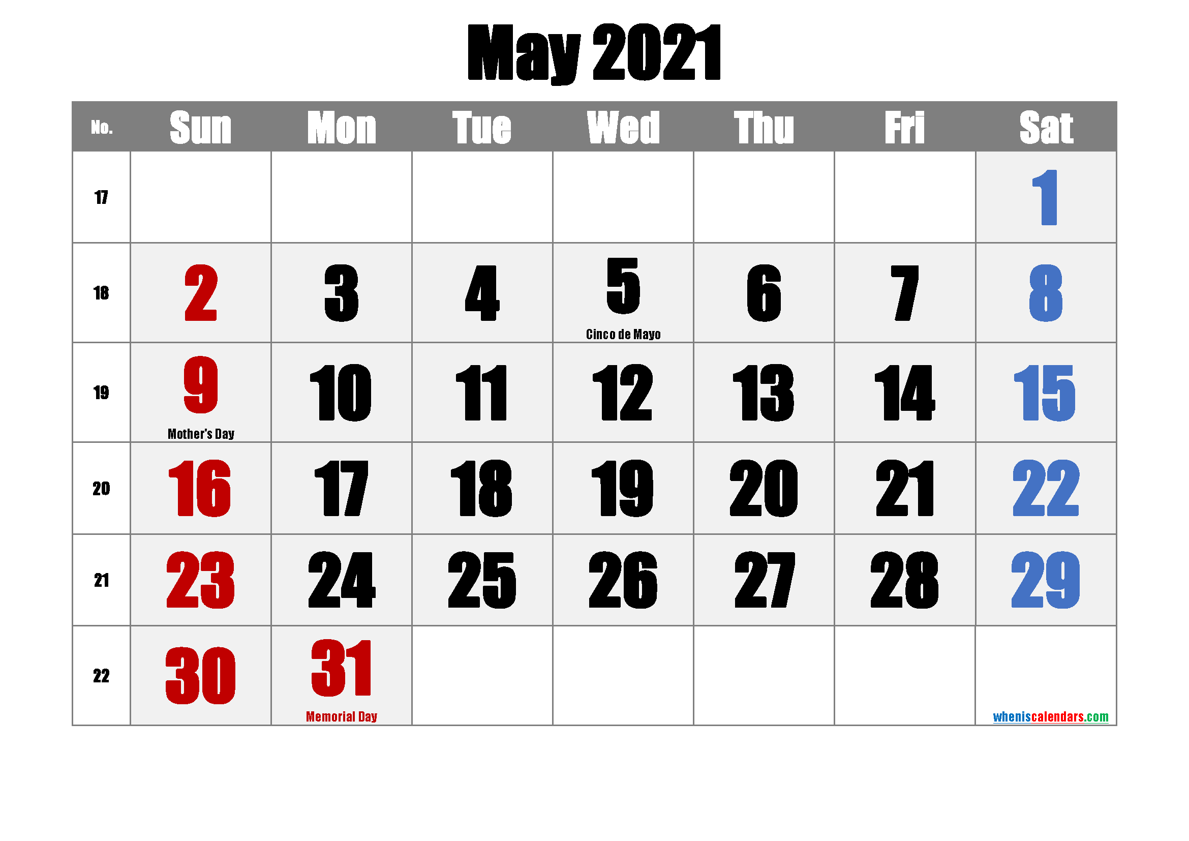 MAY 2021 Printable Calendar with Holidays