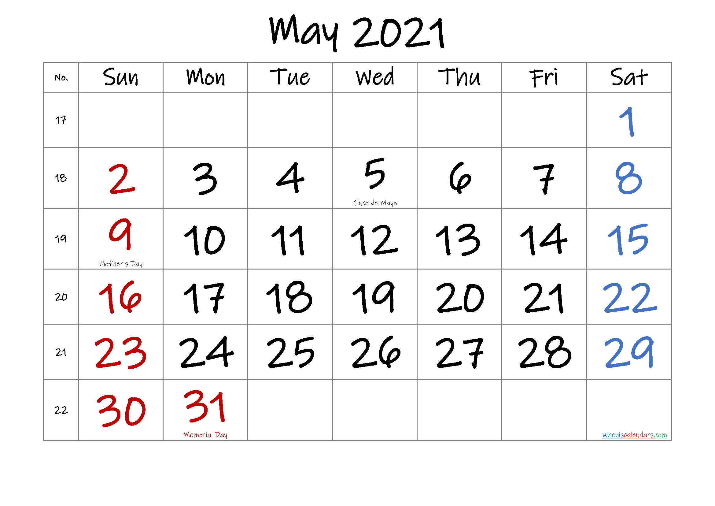 Free May 2021 Monthly Calendar Template Word 