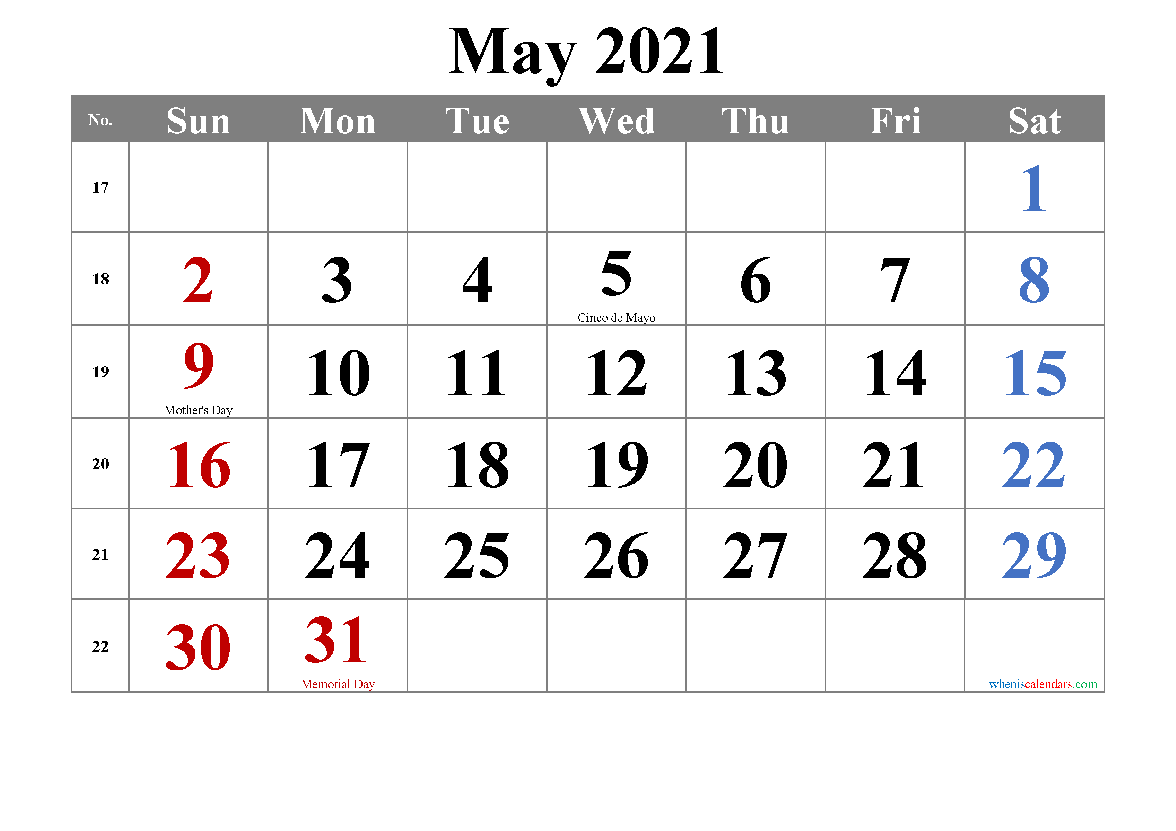 Free MAY 2021 Calendar Printable - 6 Templates | Free ...