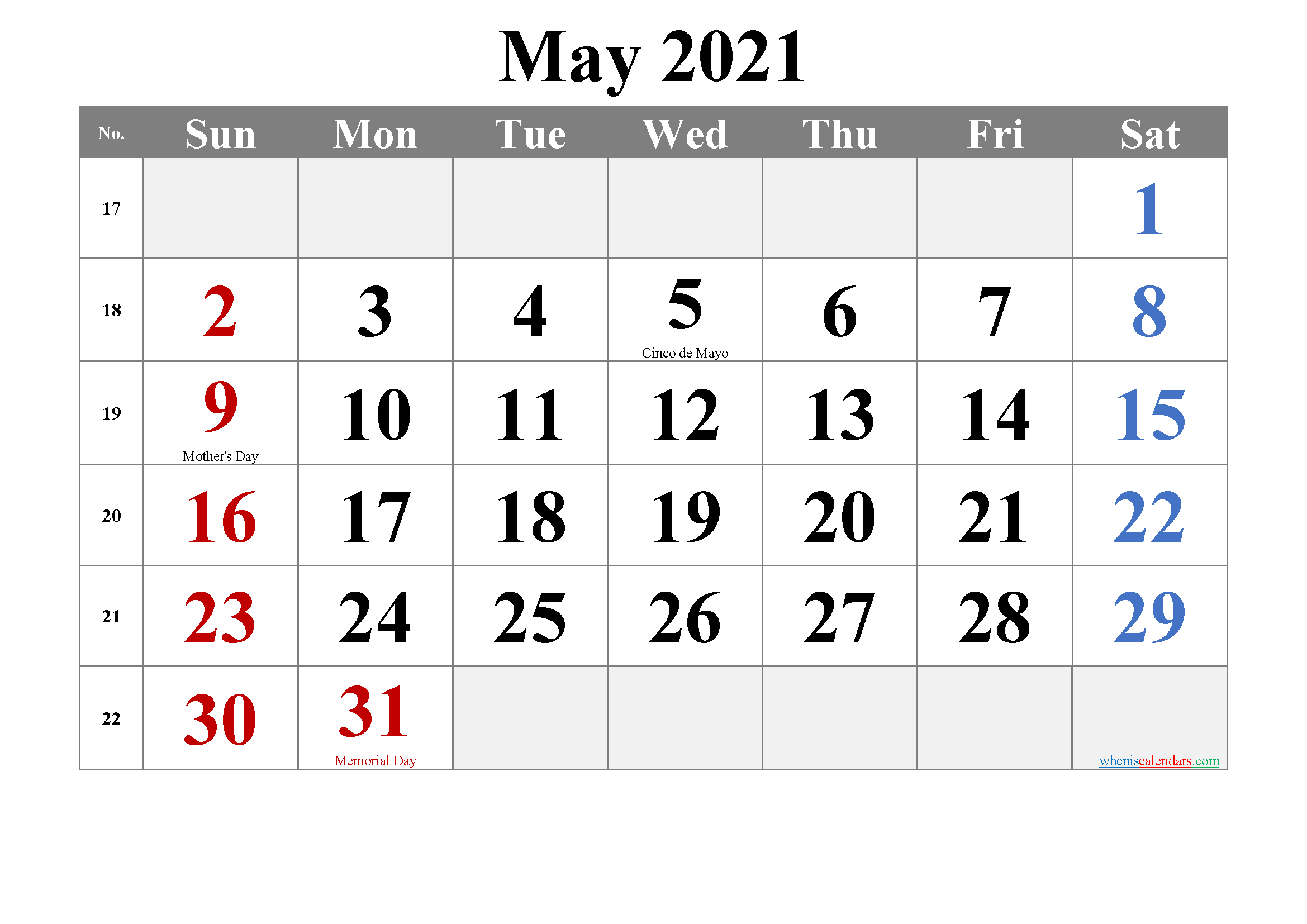 Free Printable MAY 2021 Calendar with Holidays
