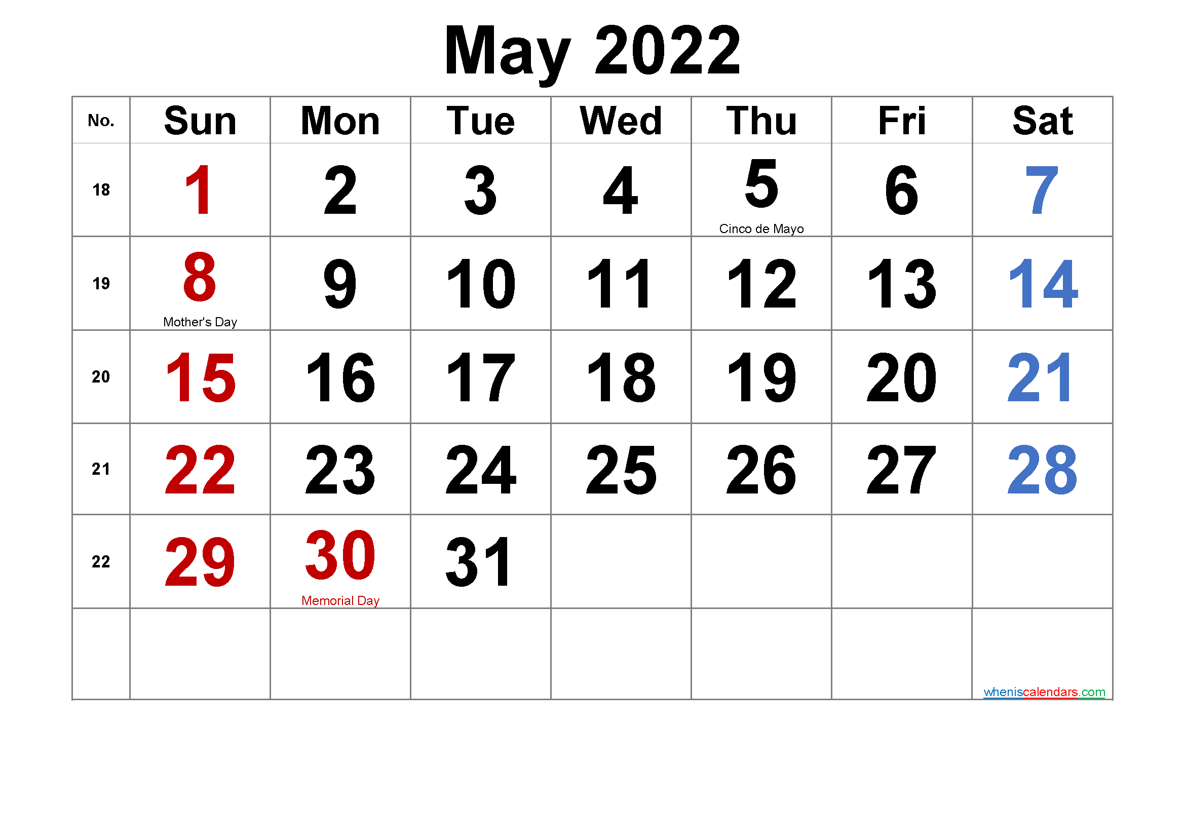 Free Printable May 2022 Calendar With Holidays Template No Ar22m41