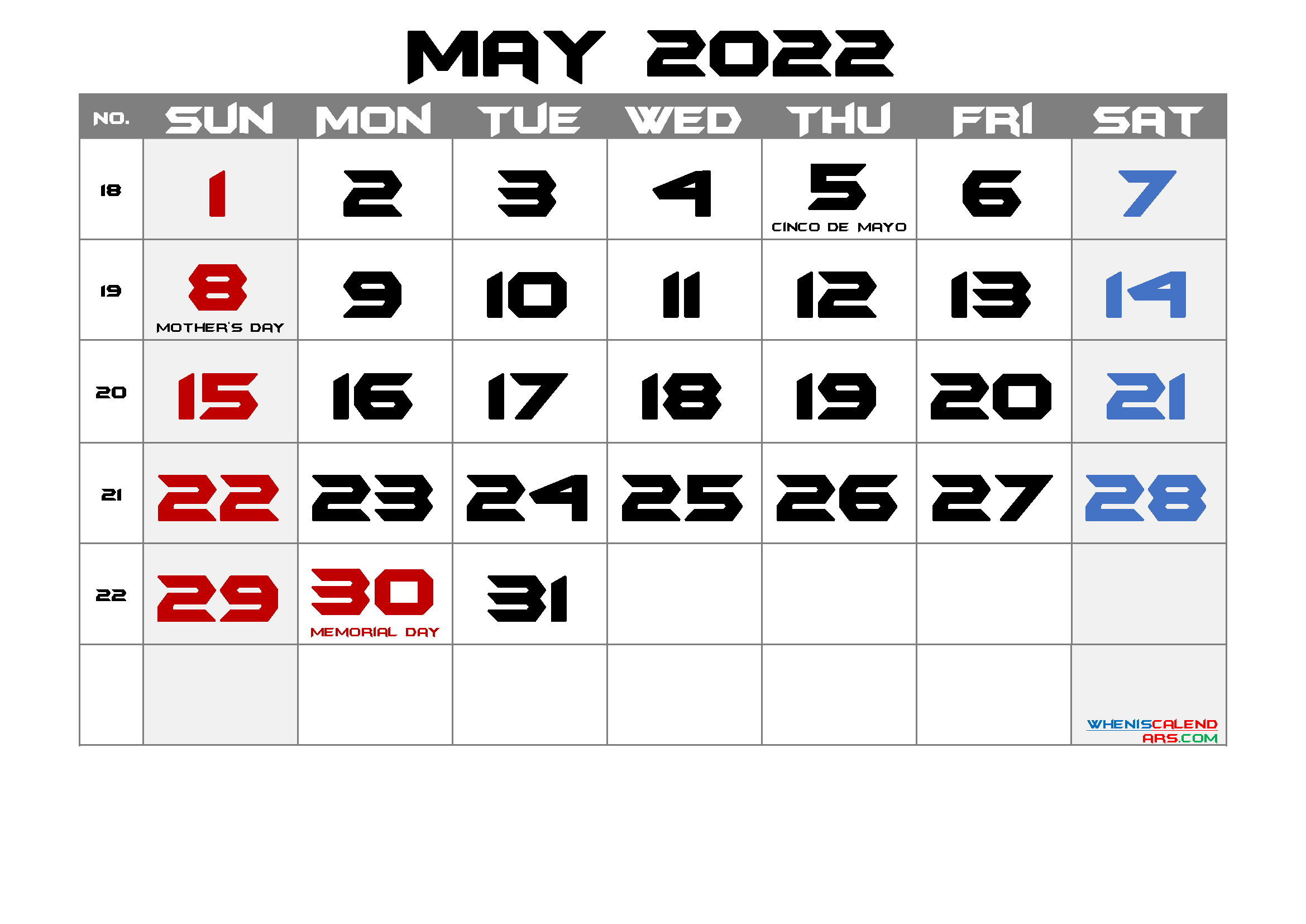 Free Printable May 2022 Calendar