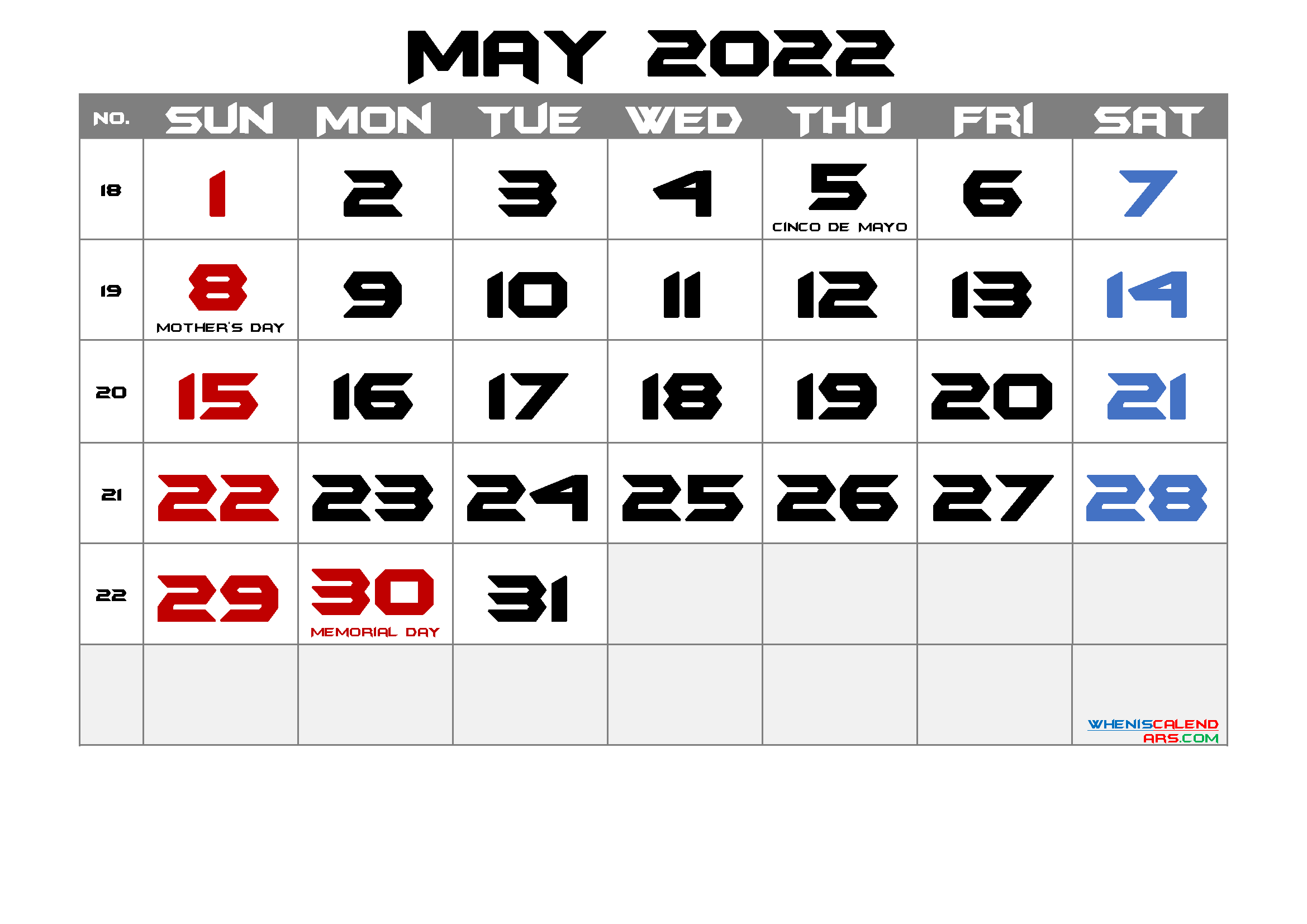 May 2022 Free Printable Calendar with Holidays 