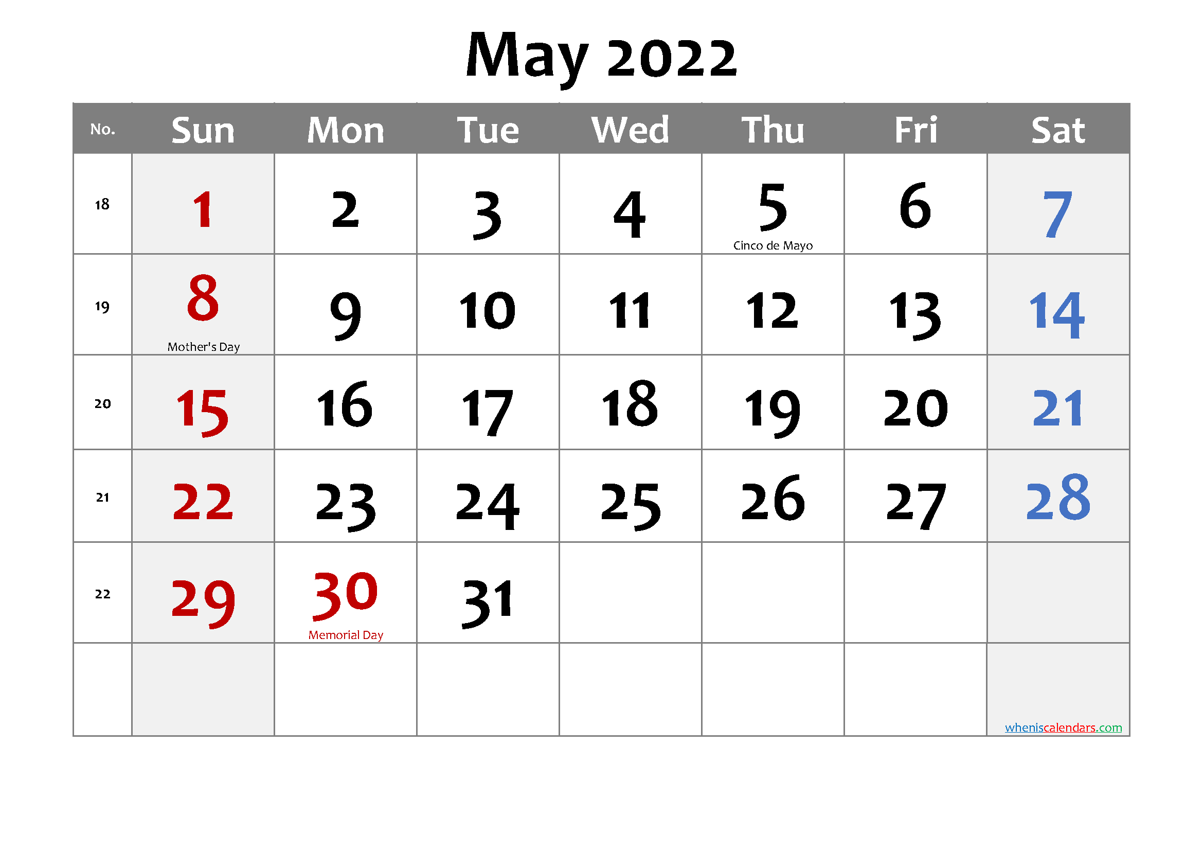 Monday Through Sunday Printable 2022 Calendar With Large Squares