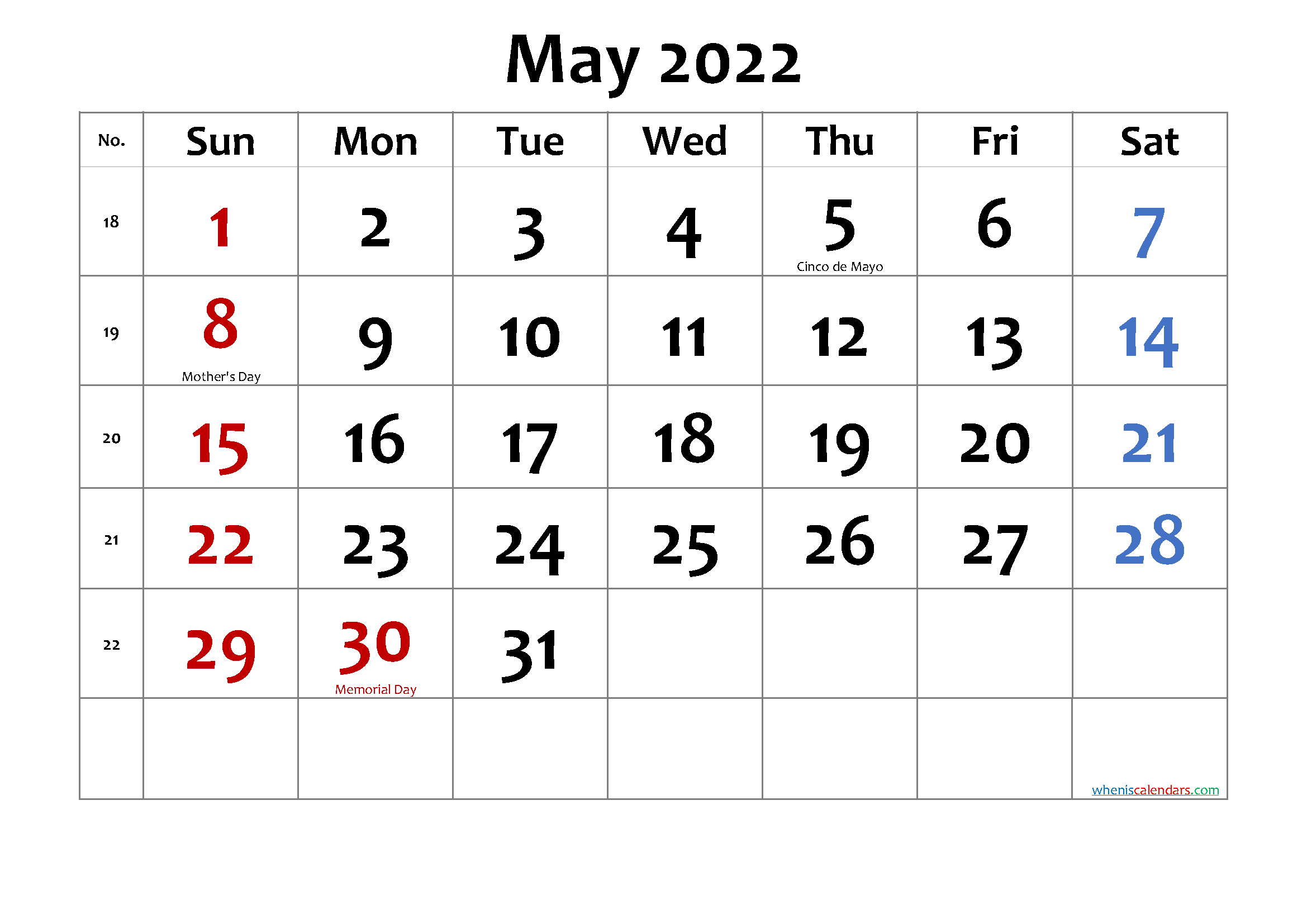 May 2022 Printable Calendar with Holidays - Free Printable ...