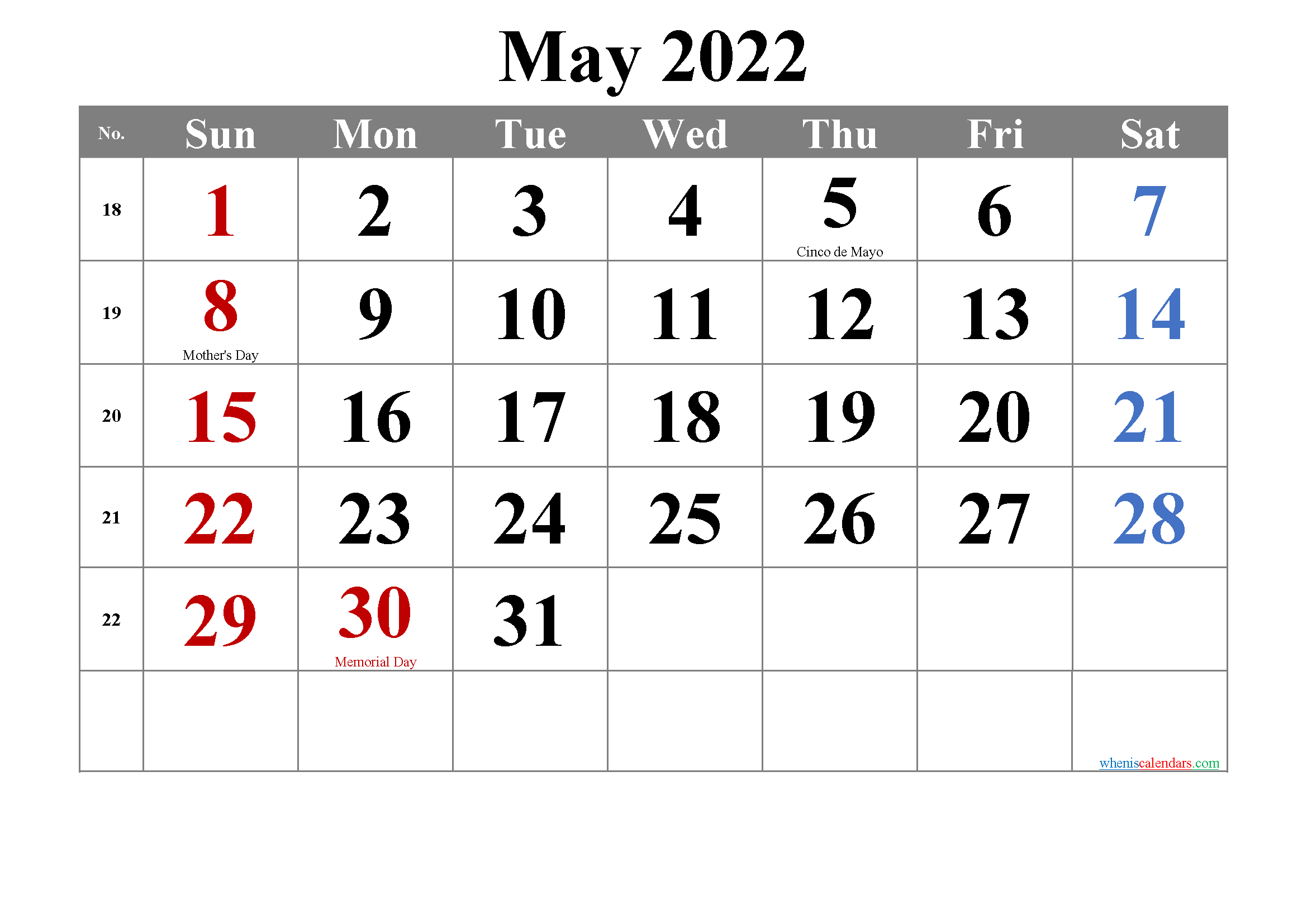 May Calendar 2022 With Holidays May 2022 Calendar With Holidays Printable-Template No.tr22M5