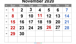 Printable November 2020 Calendar with Holidays