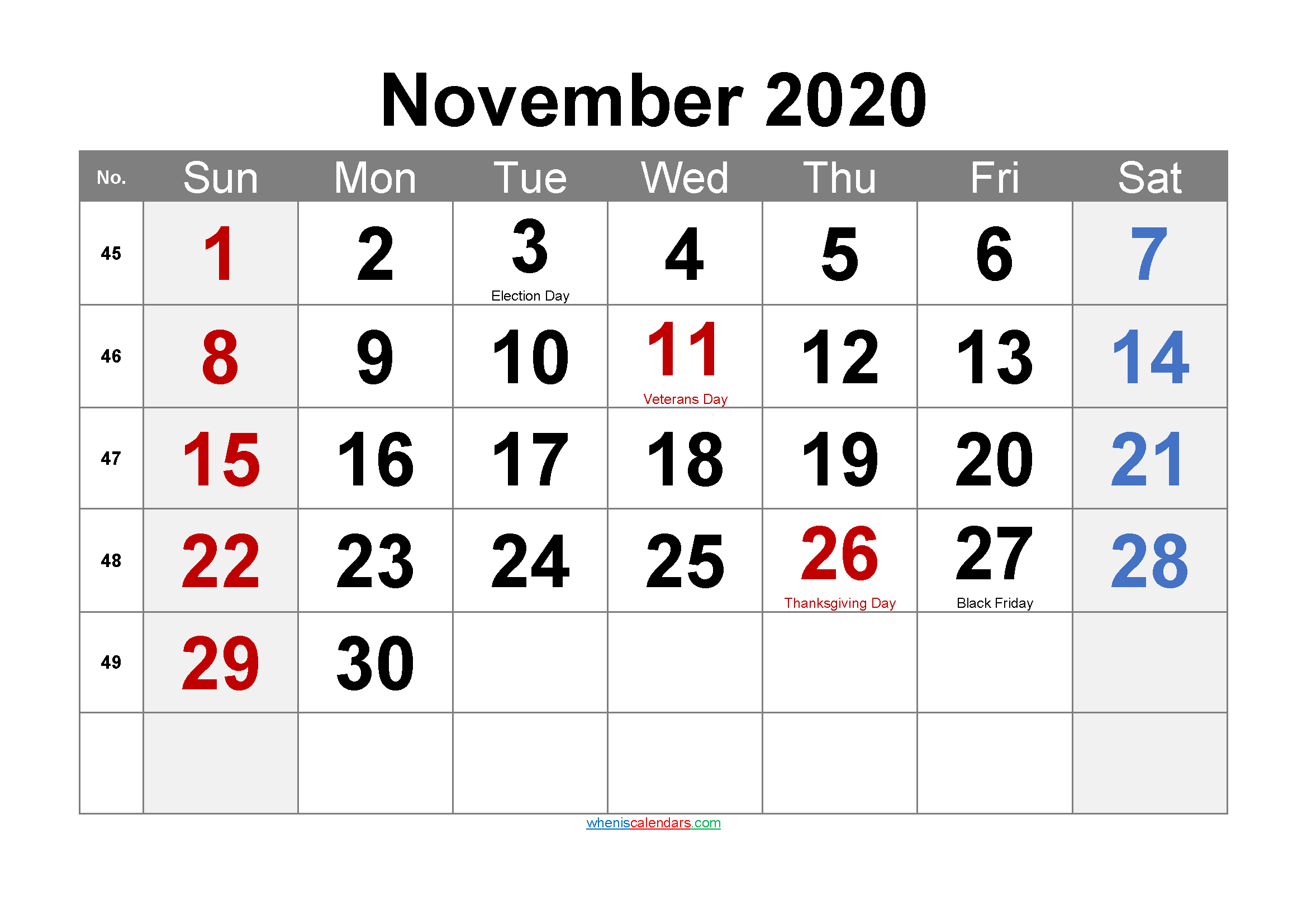 Free NOVEMBER 2020 Calendar Printable
