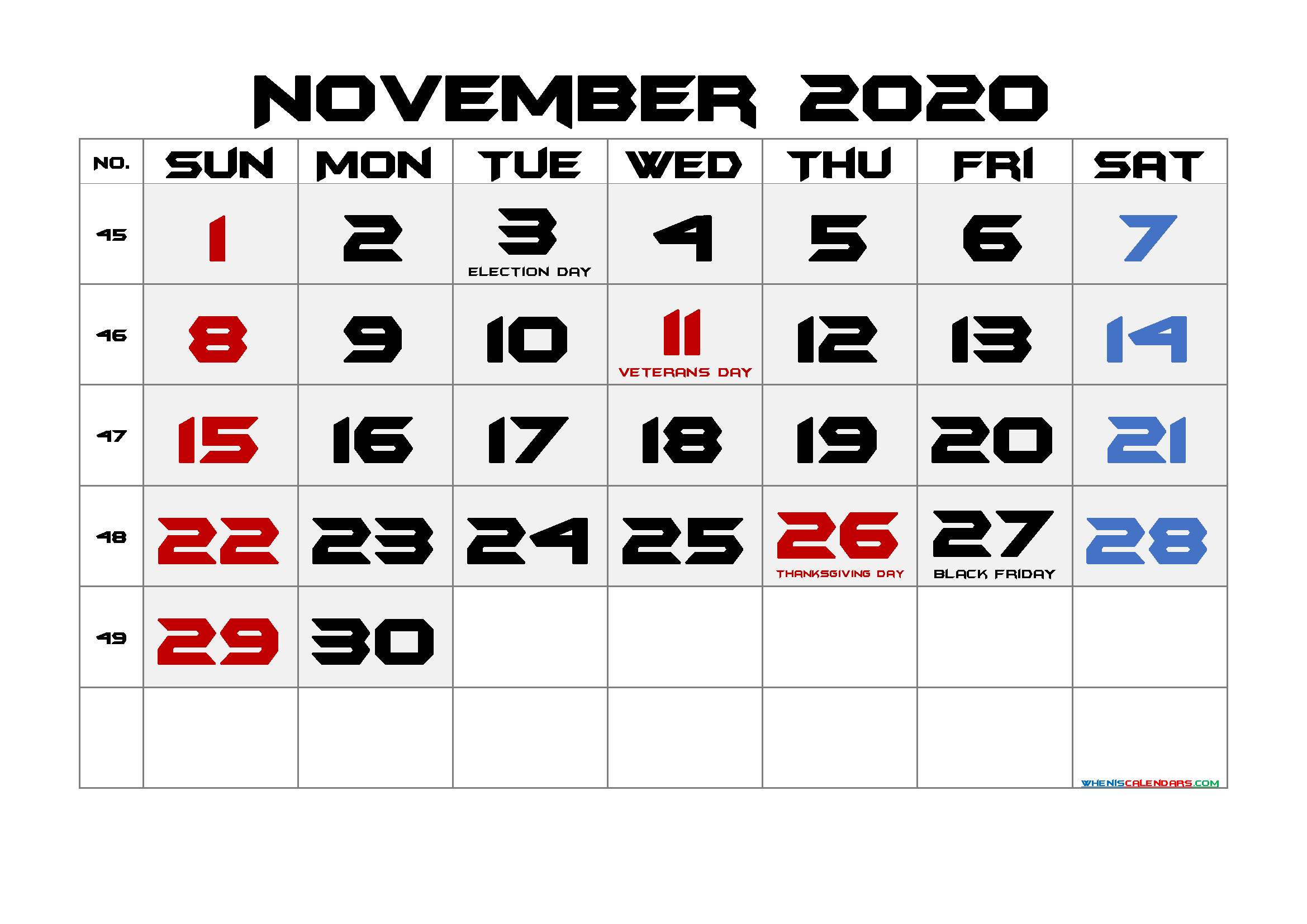 Free Printable NOVEMBER 2020 Calendar with Holidays