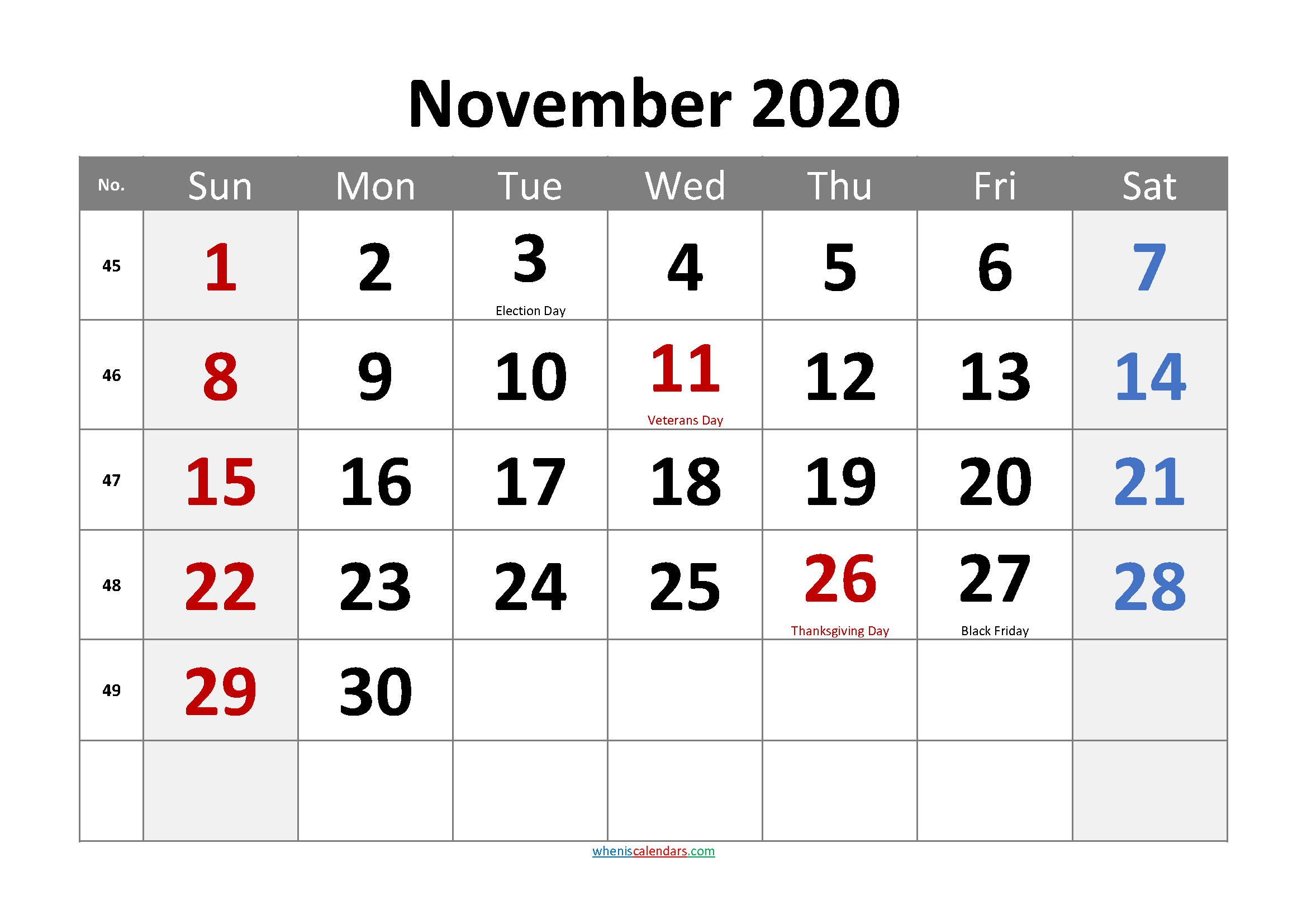 NOVEMBER 2020 Printable Calendar with Holidays