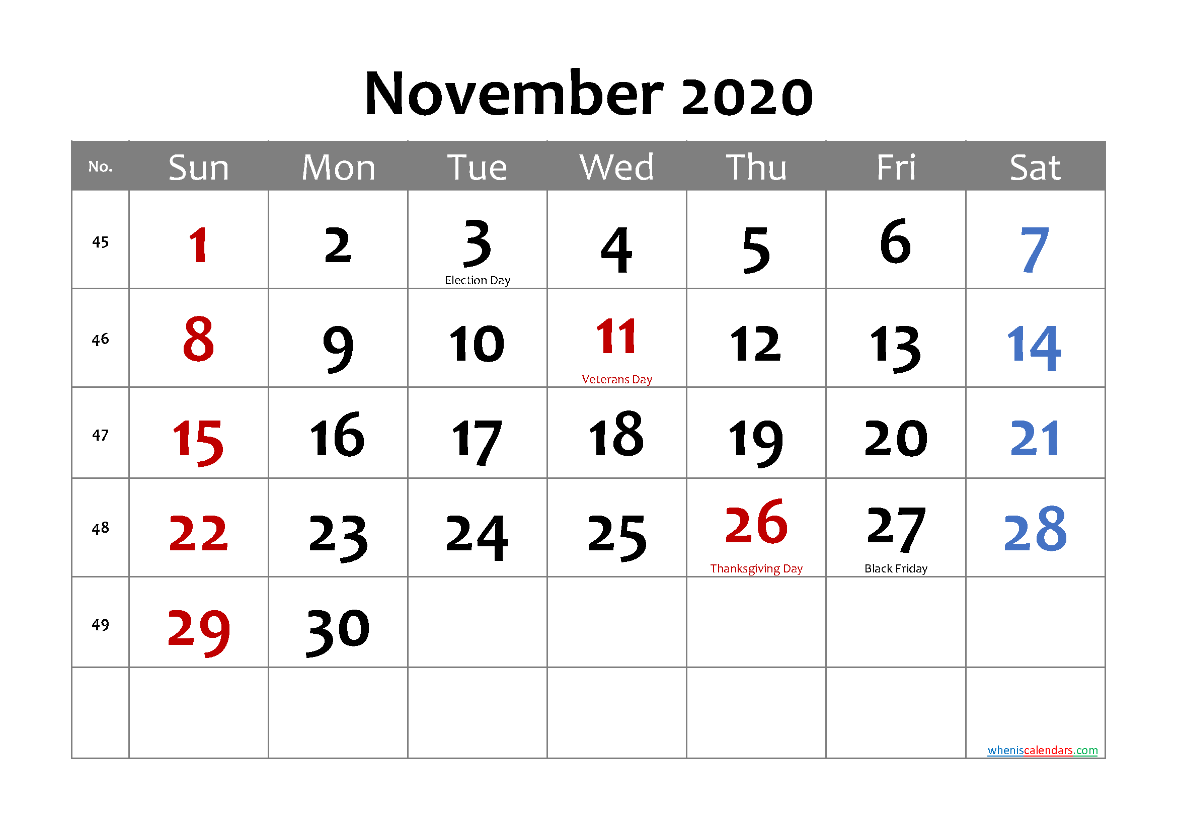 Free Printable NOVEMBER 2020 Calendar with Holidays