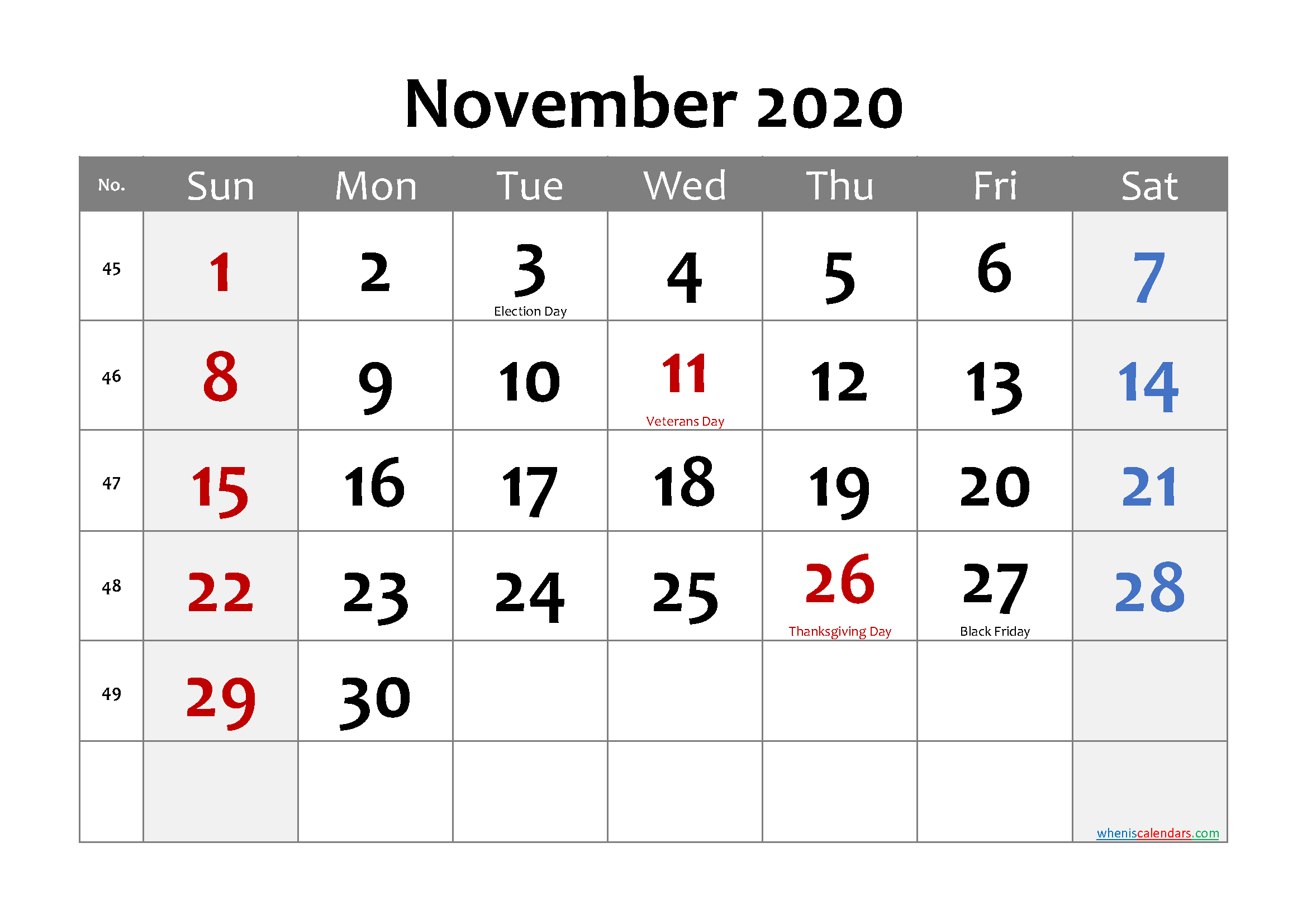 Printable NOVEMBER 2020 Calendar with Holidays