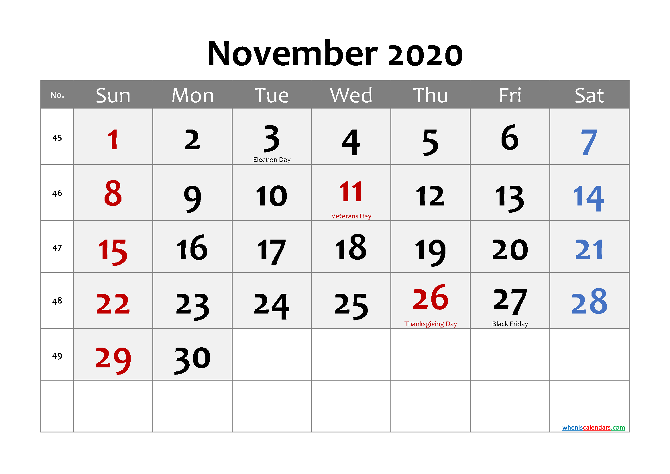 November 2020 Calendar with Holidays Printable