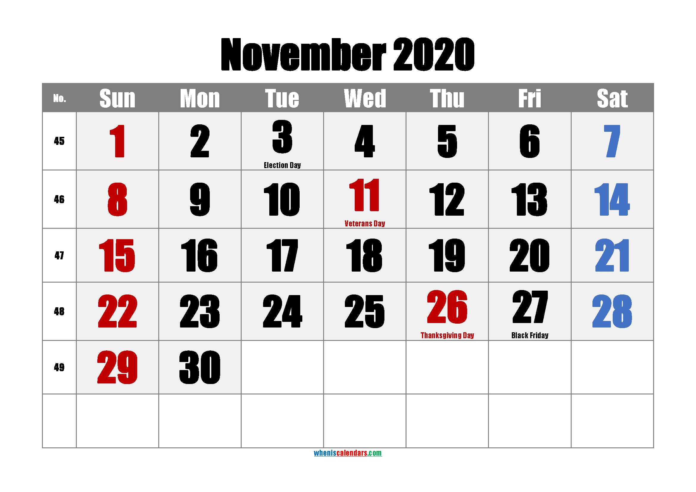 NOVEMBER 2020 Printable Calendar with Holidays