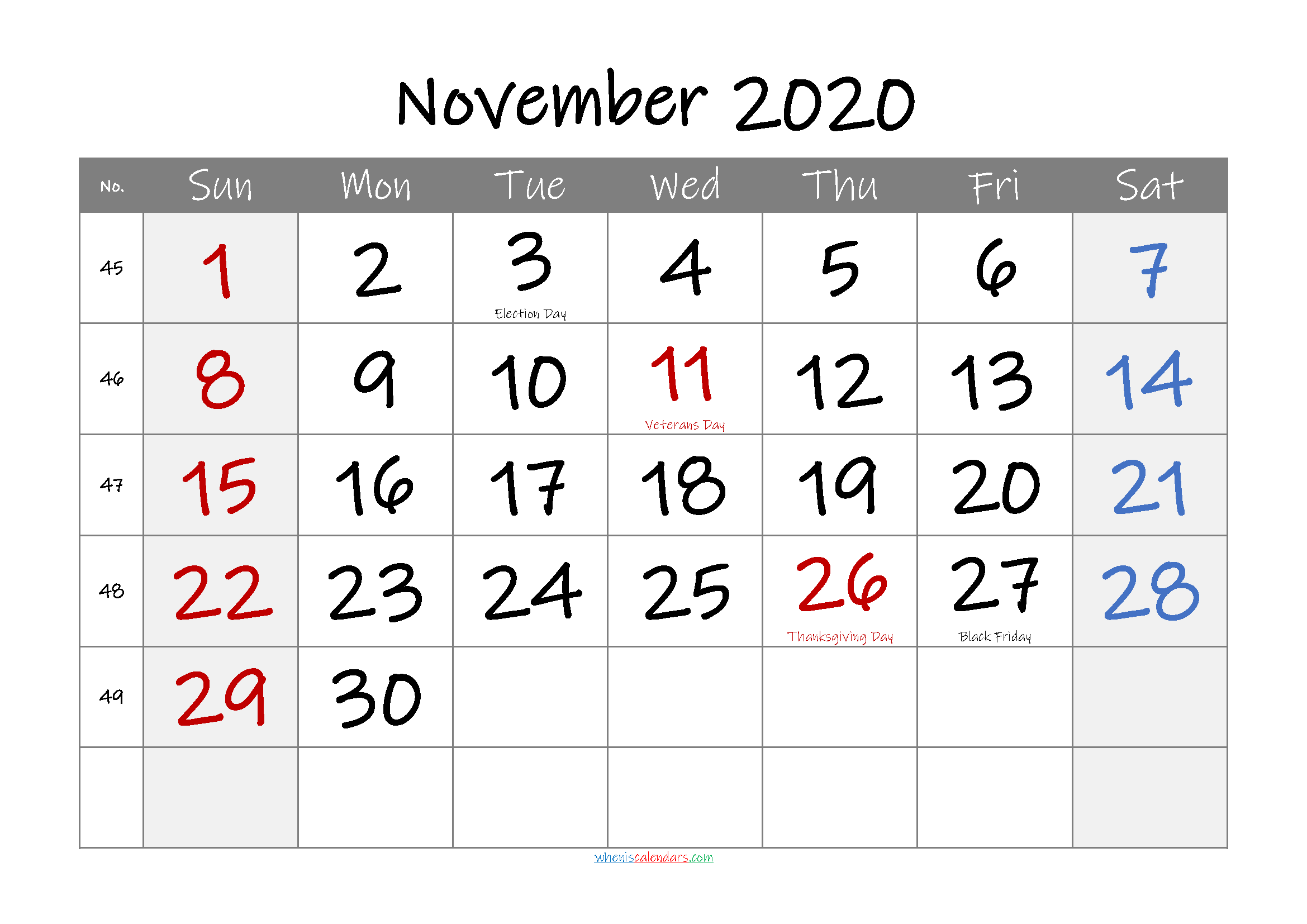 November 2020 Free Printable Calendar with Holidays