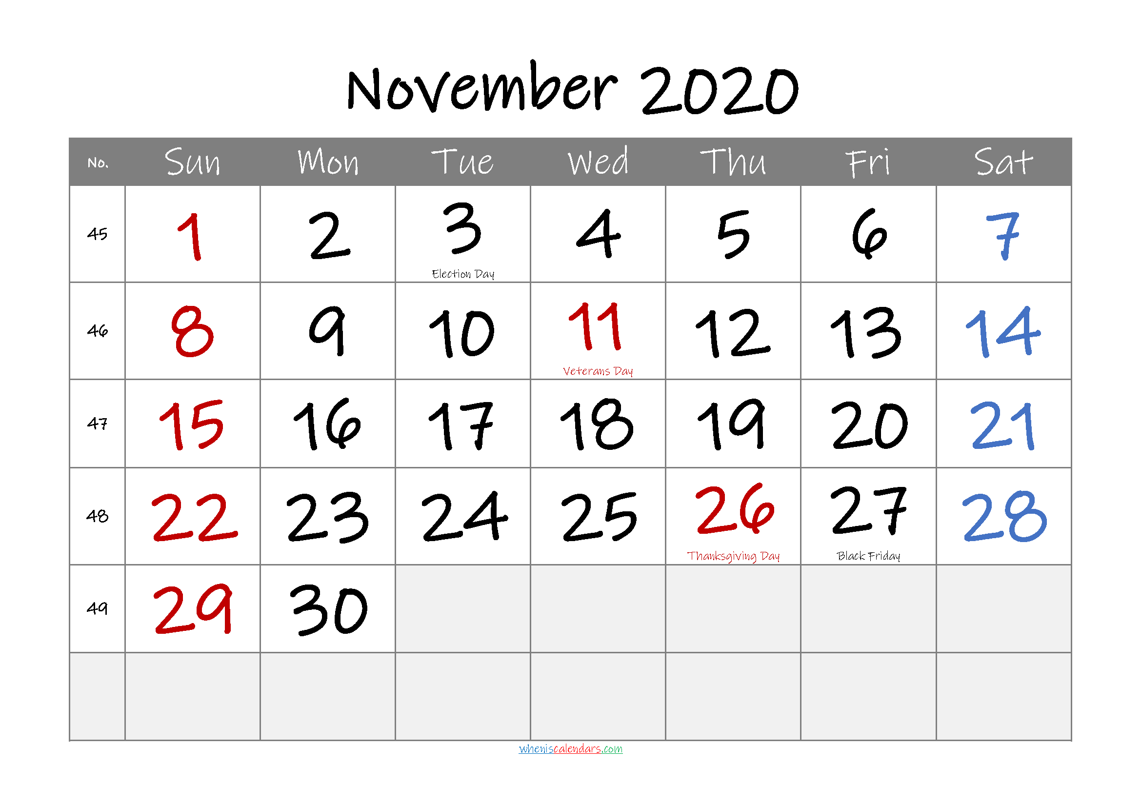 November 2020 Free Printable Calendar